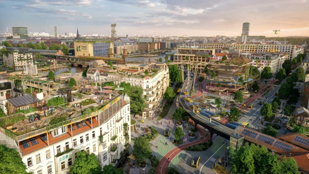 Vergleich Berlin Görlitzer Bahnhof 2045 – nachhaltige Stadtentwicklung mit begrünten Dächern, autofreien Straßen und innovativer Infrastruktur.