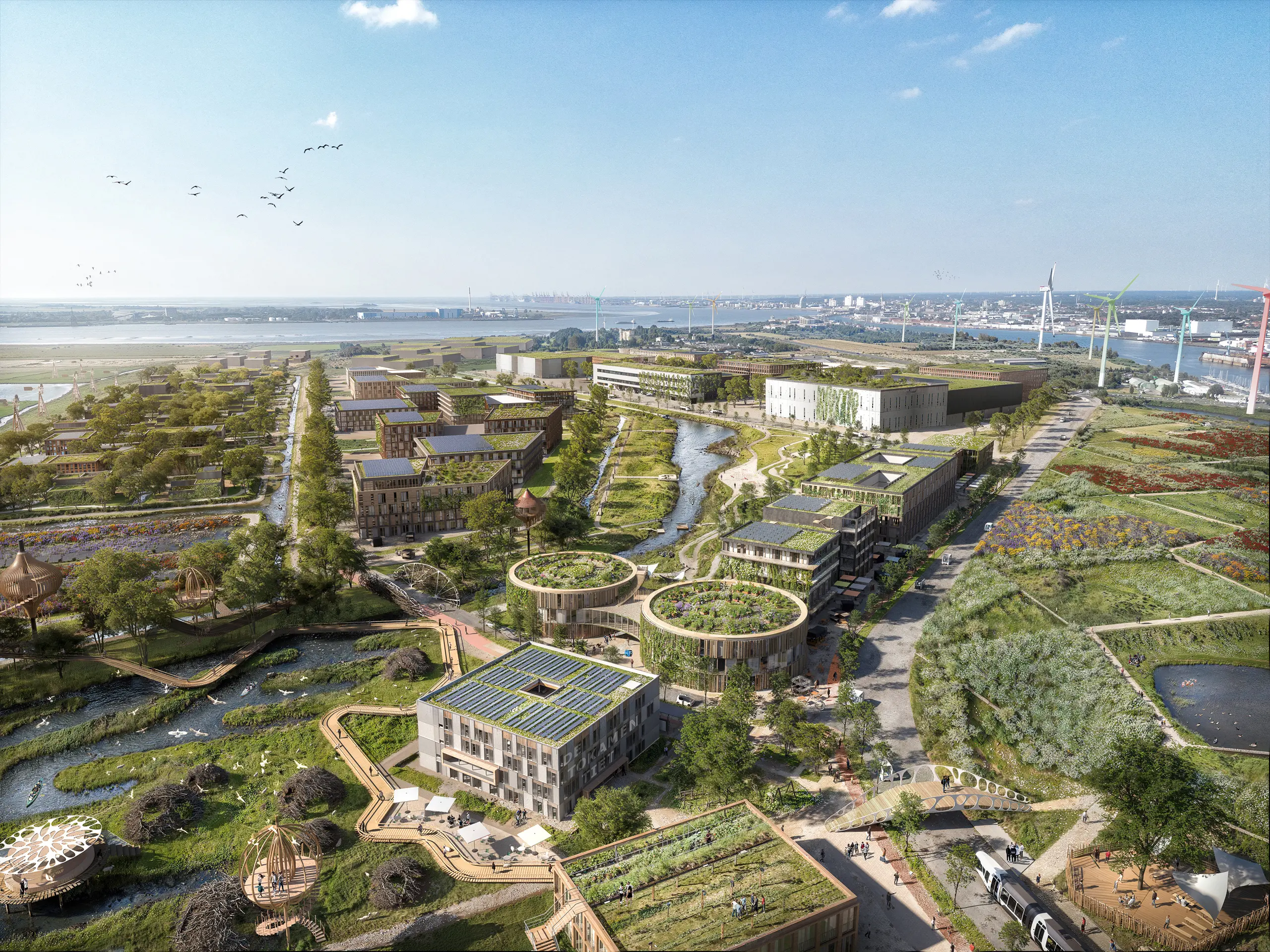 Bremen 2045 – nachhaltiges Stadtquartier mit begrünten Gebäuden, urbanen Wasserlandschaften und erneuerbarer Energie.