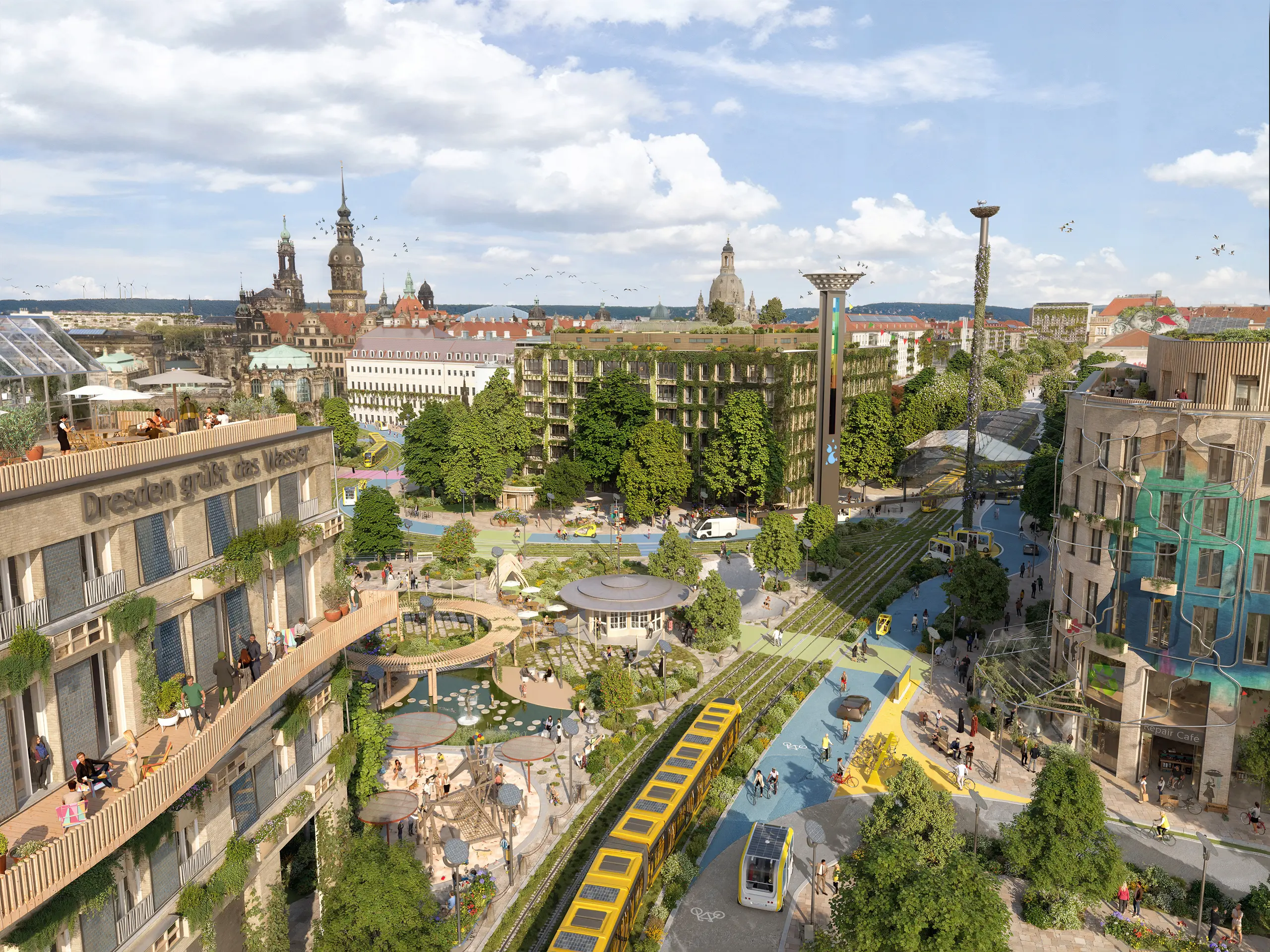 Dresden Postplatz 2045 – grüne Stadtvision mit nachhaltiger Architektur, begrünten Gebäuden und autofreien Zonen.