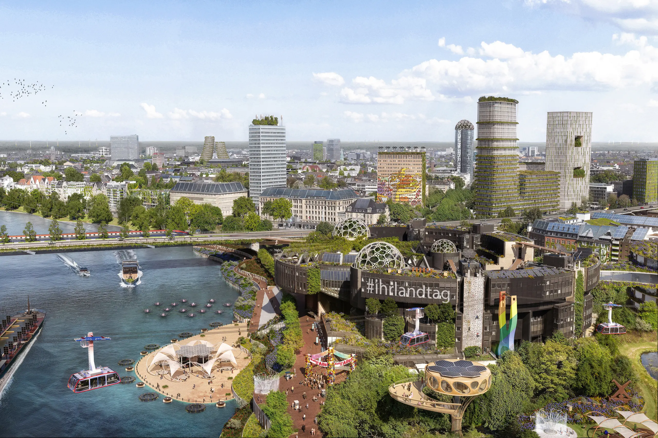 Düsseldorf Rheinuferpromenade 2045 – nachhaltige Stadtentwicklung mit grünen Dächern, innovativer Architektur und Flusslandschaften.