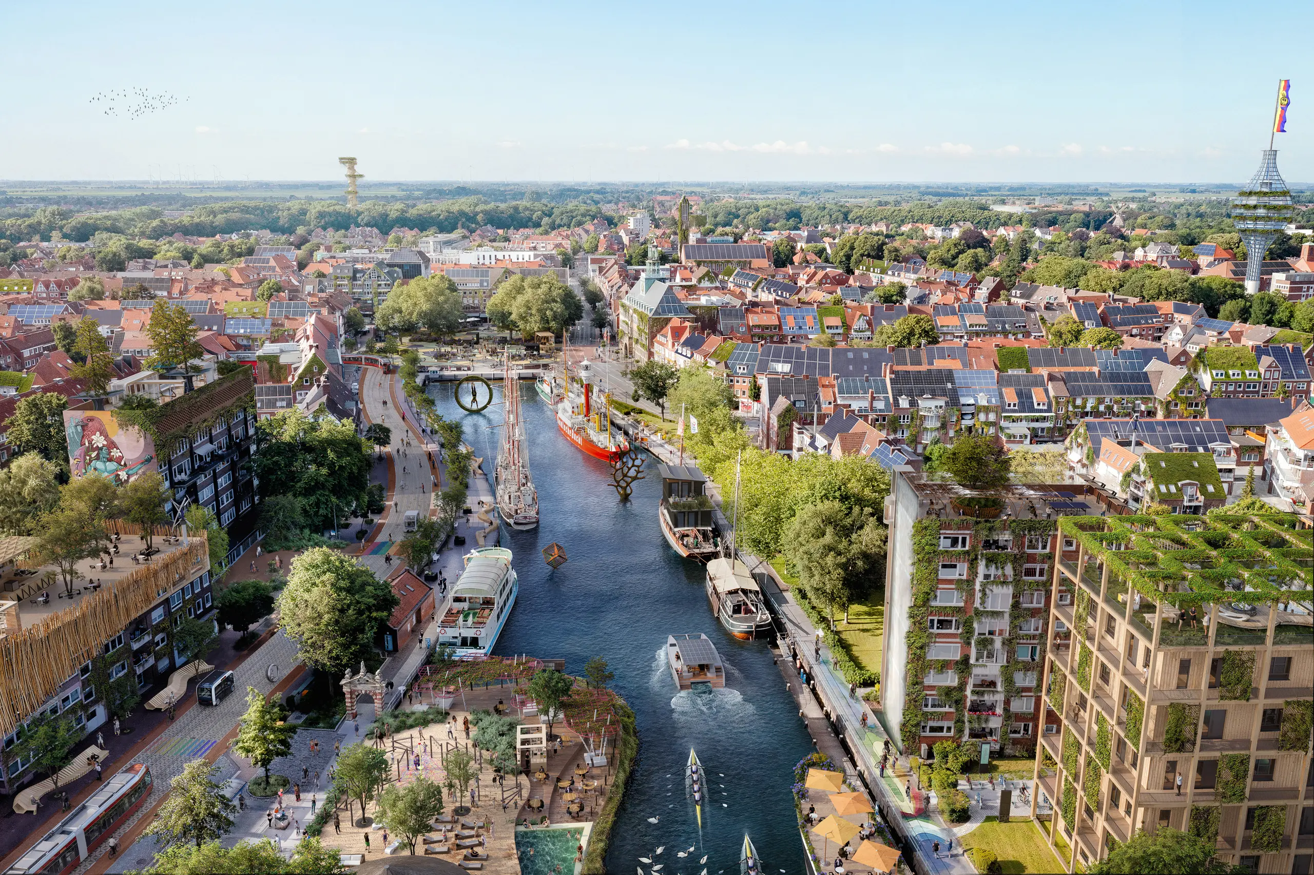 Emden Ratsdelft 2045 – nachhaltige Stadtentwicklung mit begrünten Fassaden, schwimmenden Strukturen und klimafreundlicher Mobilität.