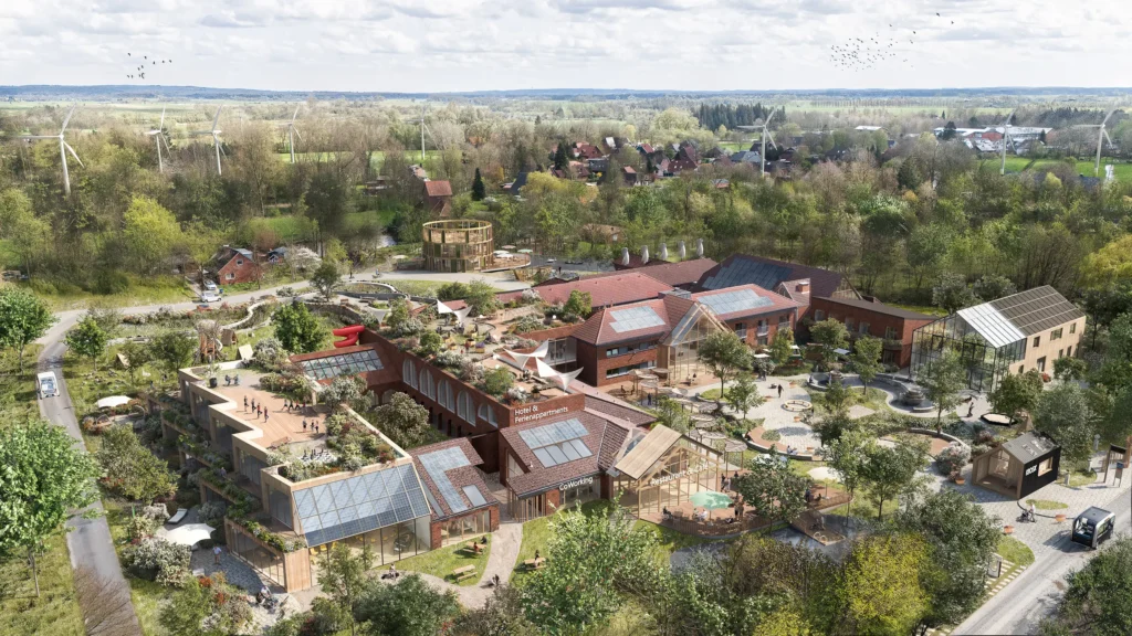 Ihlienworth 2045 – nachhaltige Transformation mit begrünten Dächern, Solarenergie und Co-Working-Spaces.