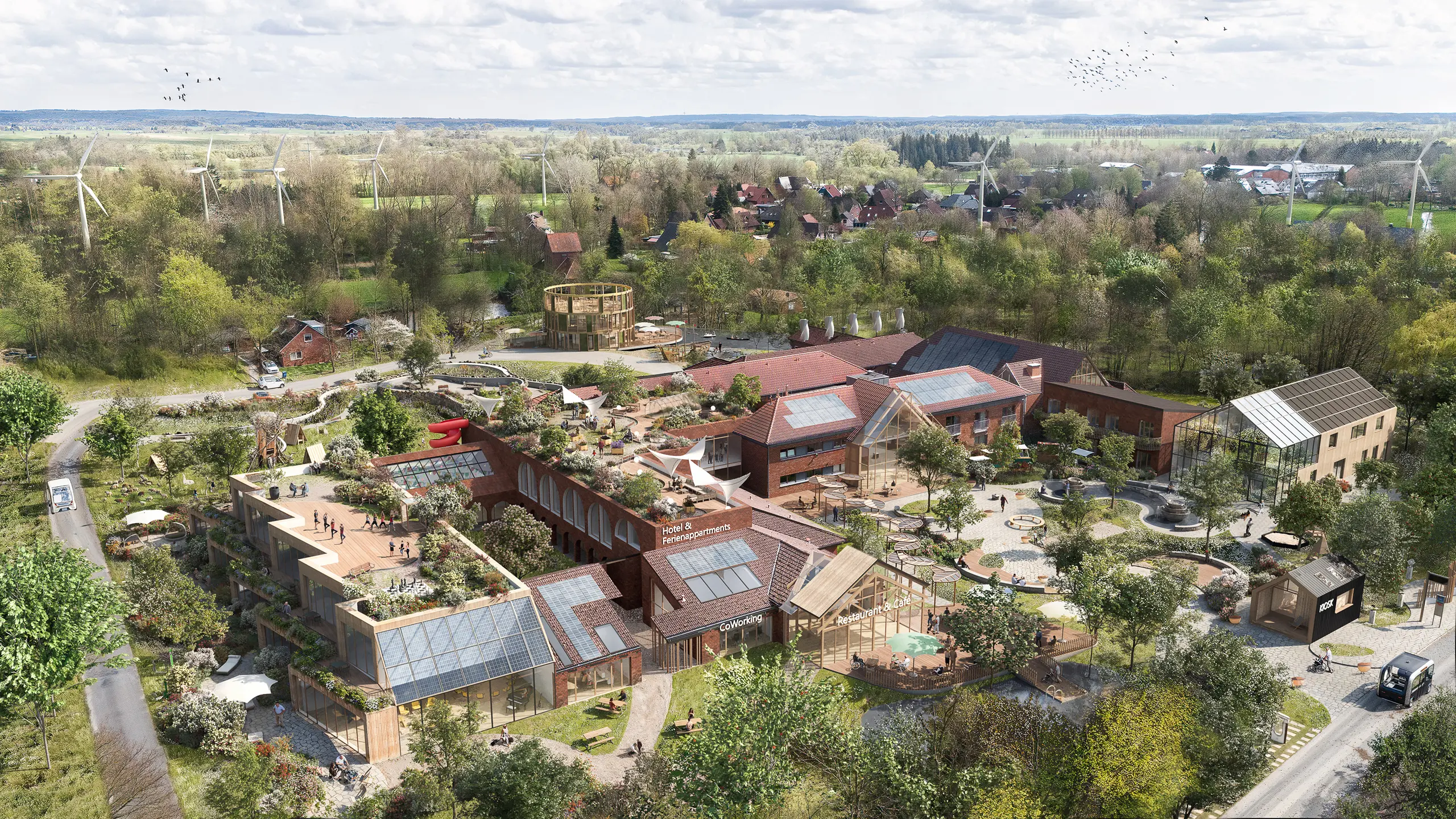 Ihlienworth 2045 – nachhaltige Transformation mit begrünten Dächern, Solarenergie und Co-Working-Spaces.