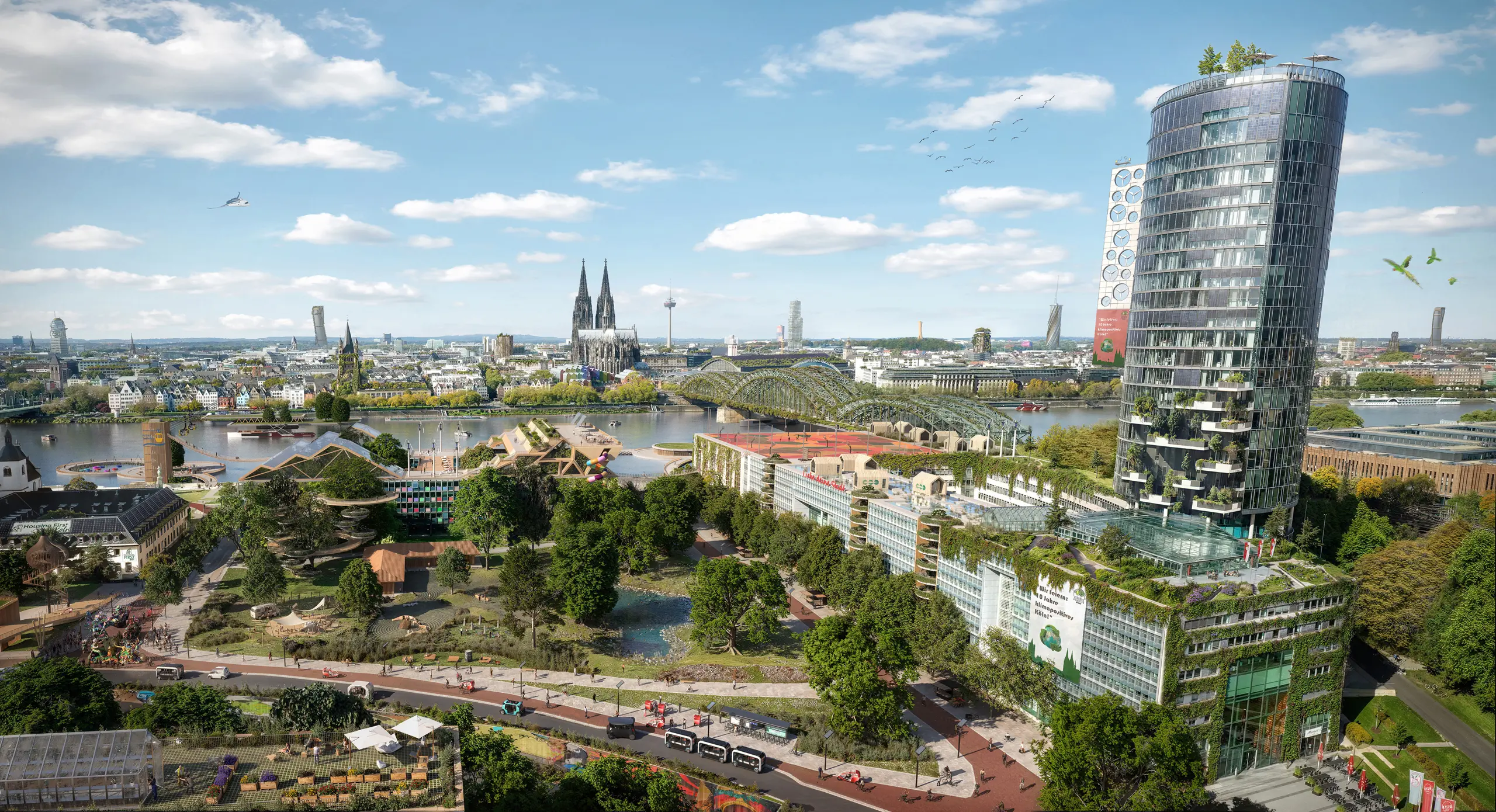 Köln 2045 – nachhaltige Stadtentwicklung mit begrünten Fassaden, neuen Mobilitätskonzepten und urbanen Parks.