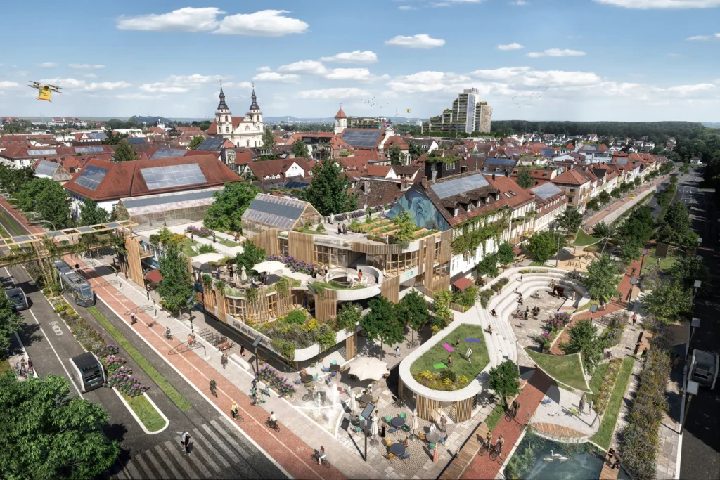 Ludwigsburg 2045 – nachhaltige Stadtentwicklung mit begrünten Gebäuden, autofreien Straßen und innovativen Freizeitflächen.