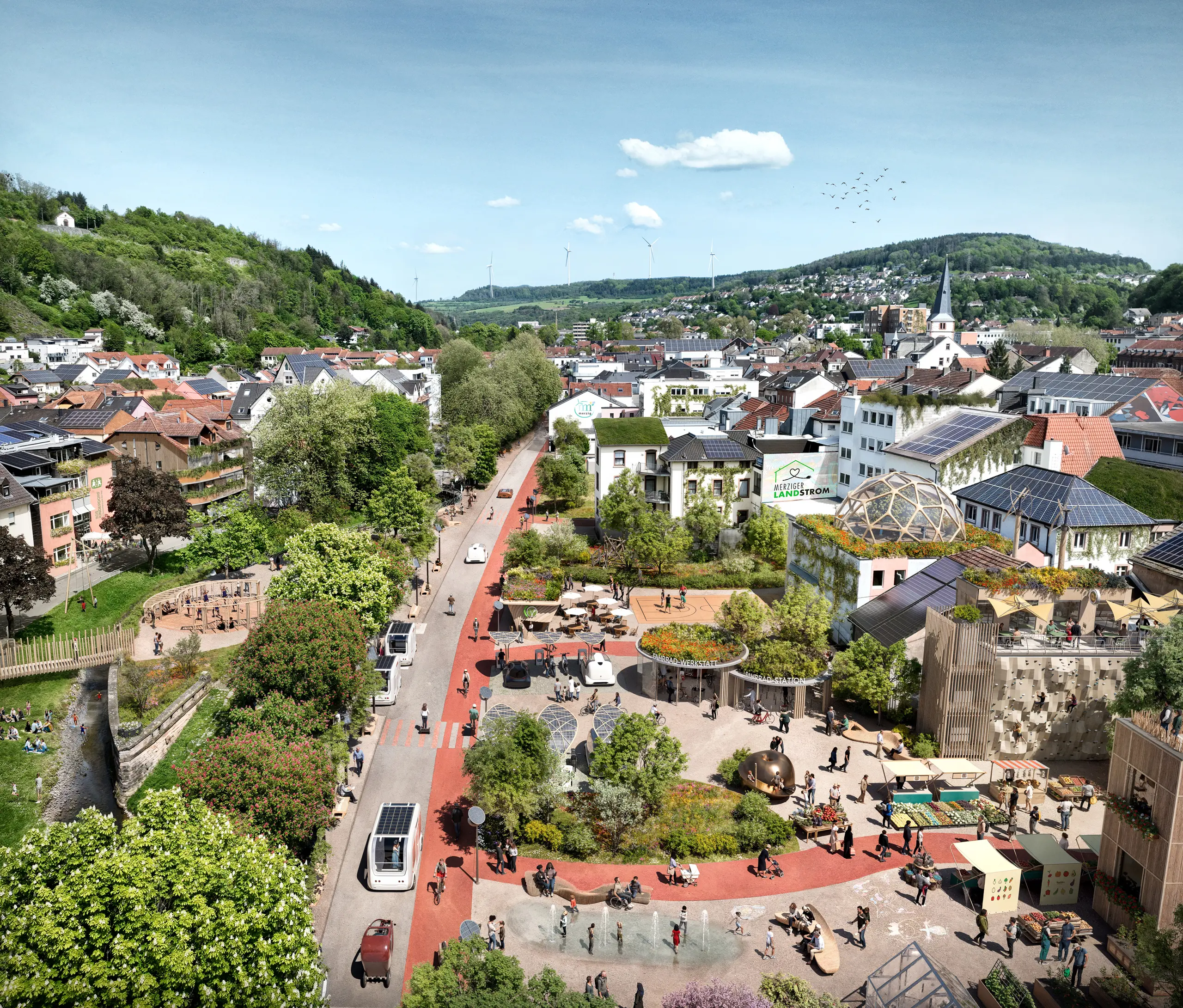 Merzig 2045 – nachhaltige Stadtgestaltung mit autofreien Wegen, begrünten Fassaden und urbanen Erholungsräumen.
