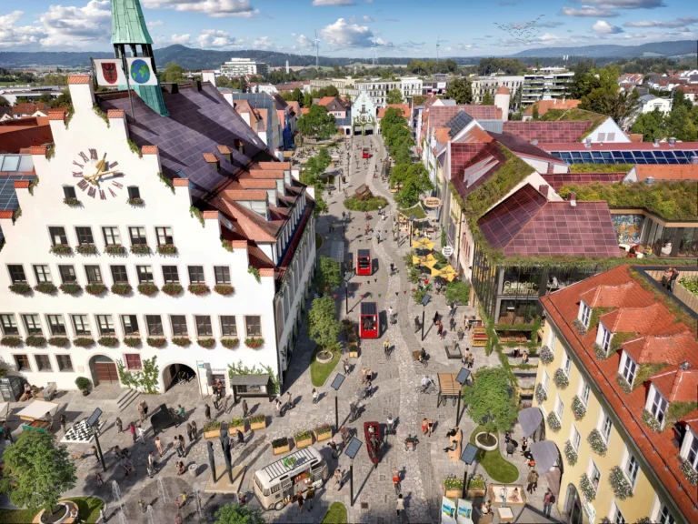 Neumarkt 2045 – nachhaltige Stadtgestaltung mit begrünten Fassaden, Solarenergie und innovativen Mobilitätskonzepten.