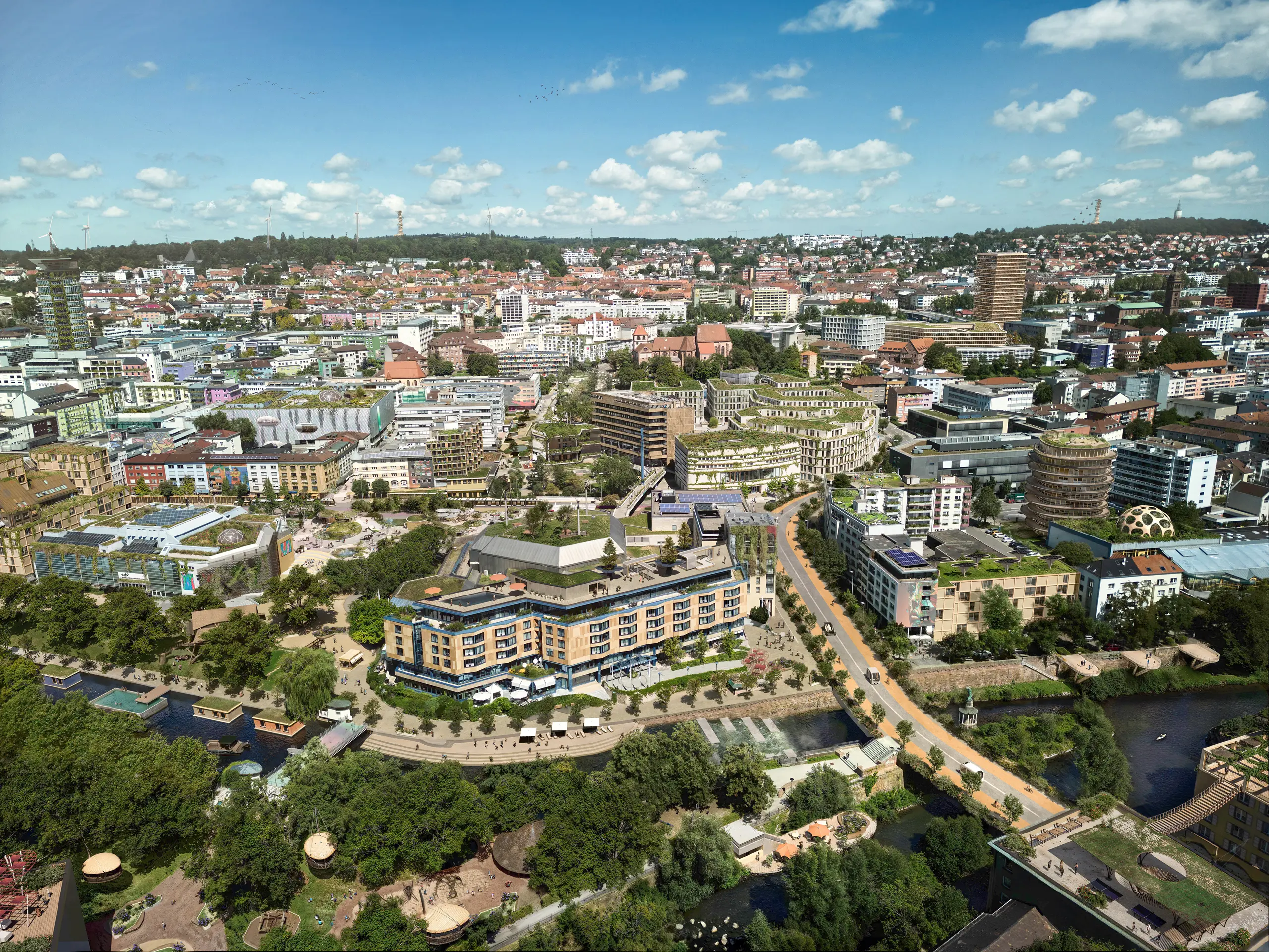 Pforzheim 2045 – nachhaltige Stadtvision mit begrünten Dächern, urbanen Erholungsräumen und innovativen Mobilitätslösungen.