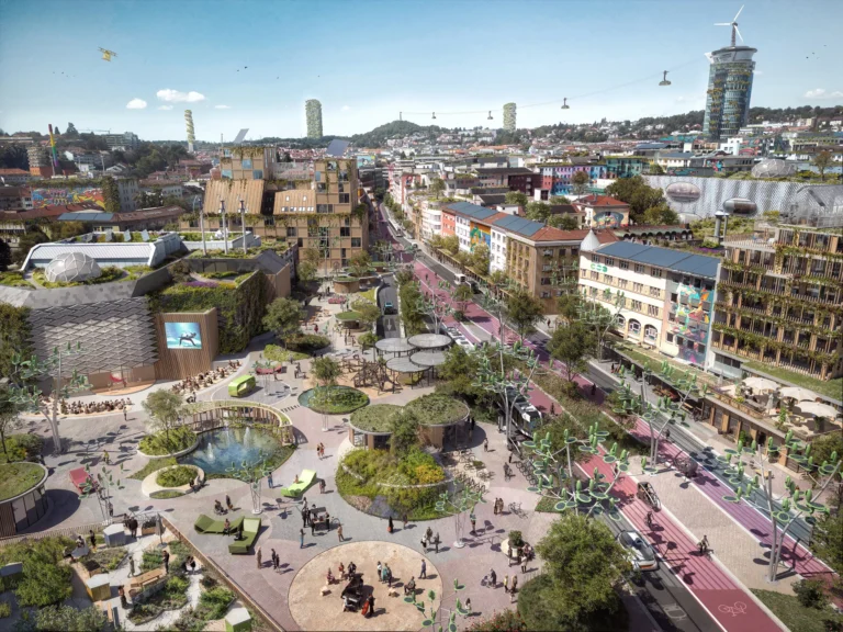 Pforzheim Zerrennerstraße 2045 – nachhaltige Stadtgestaltung mit begrünten Fassaden, urbanen Parks und autofreien Wegen.