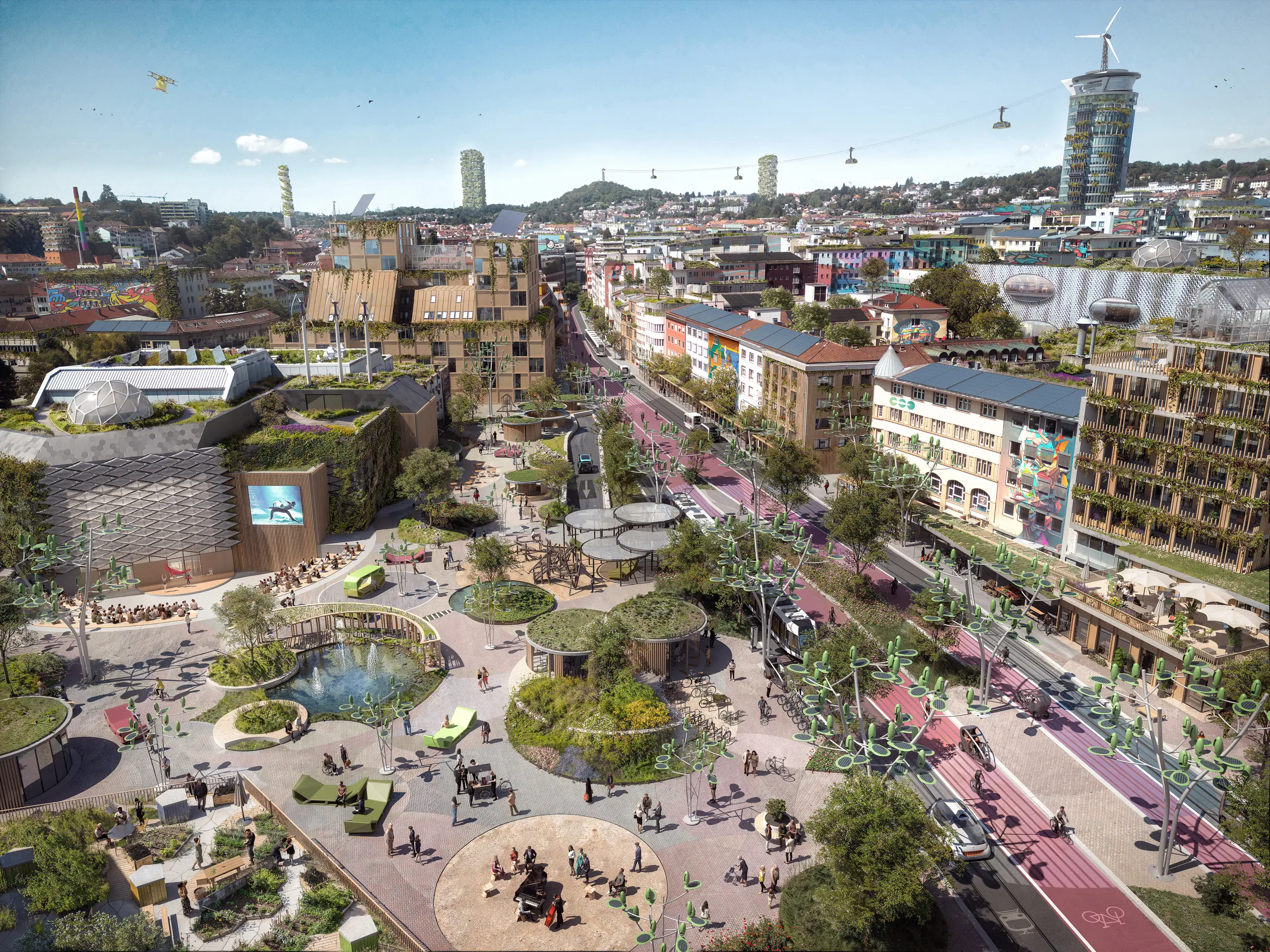 Pforzheim Zerrennerstraße 2045 – nachhaltige Stadtgestaltung mit begrünten Fassaden, urbanen Parks und autofreien Wegen.