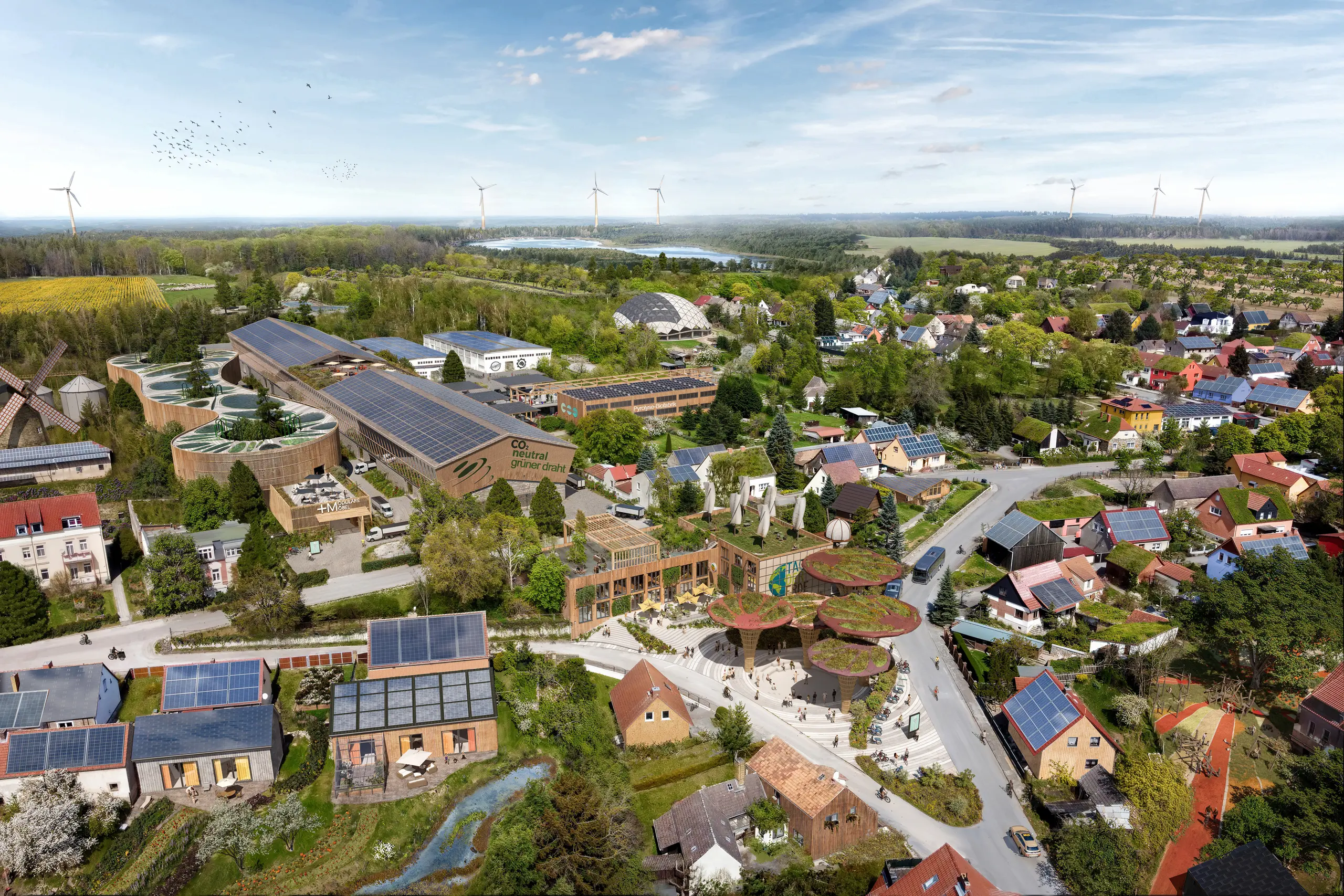 Wiesenburg 2045 – nachhaltiges Zukunftskonzept mit grünen Technologien, Solarenergie und modernen Gemeinschaftsbereichen.