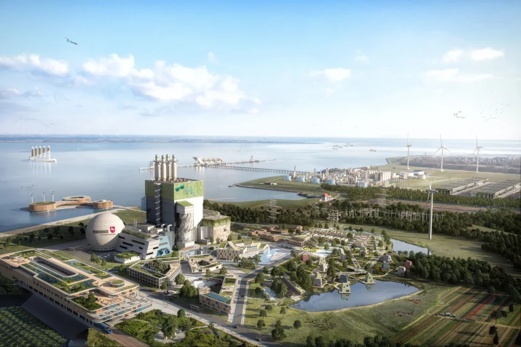 Nachhaltige Zukunftsvision von Wilhelmshaven im Jahr 2045 – Erneuerbare Energien, begrünte Gebäude und eine klimafreundliche Wasserstoffproduktion ersetzen das ehemalige Kohlekraftwerk.