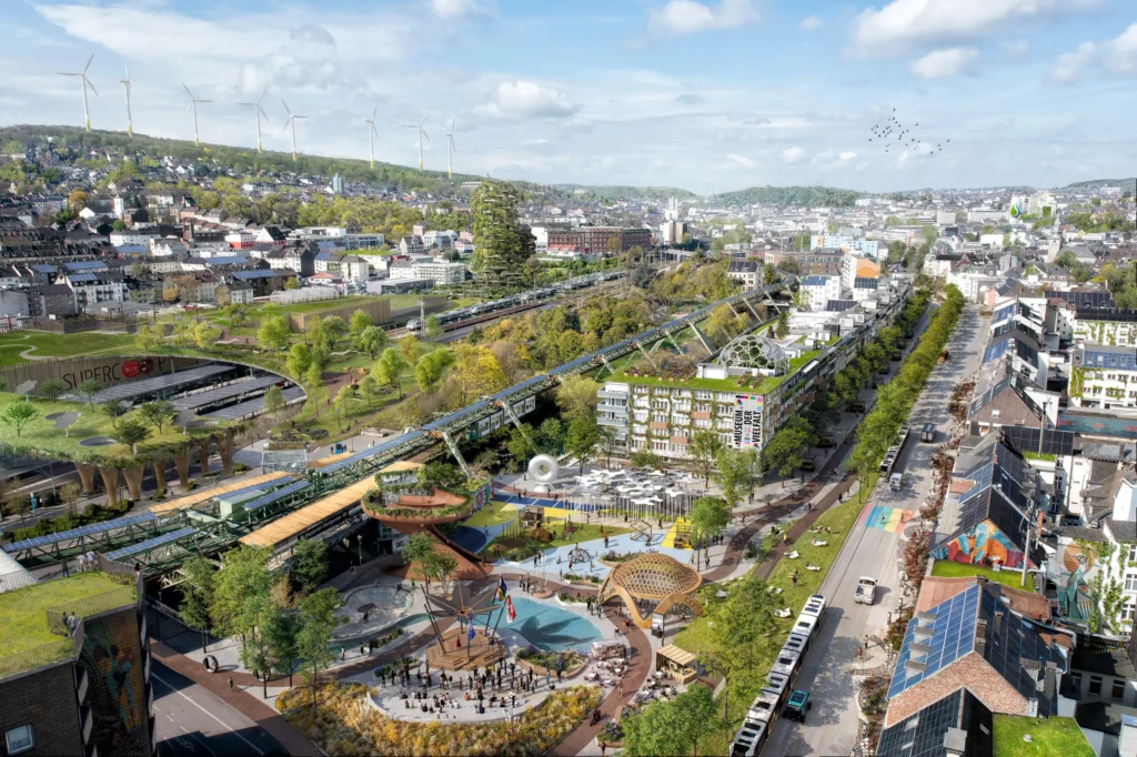Zukunftsvision von Wuppertal im Jahr 2045 mit begrünten Gebäuden, nachhaltiger Infrastruktur, einer modernisierten Schwebebahn und innovativen Stadträumen.