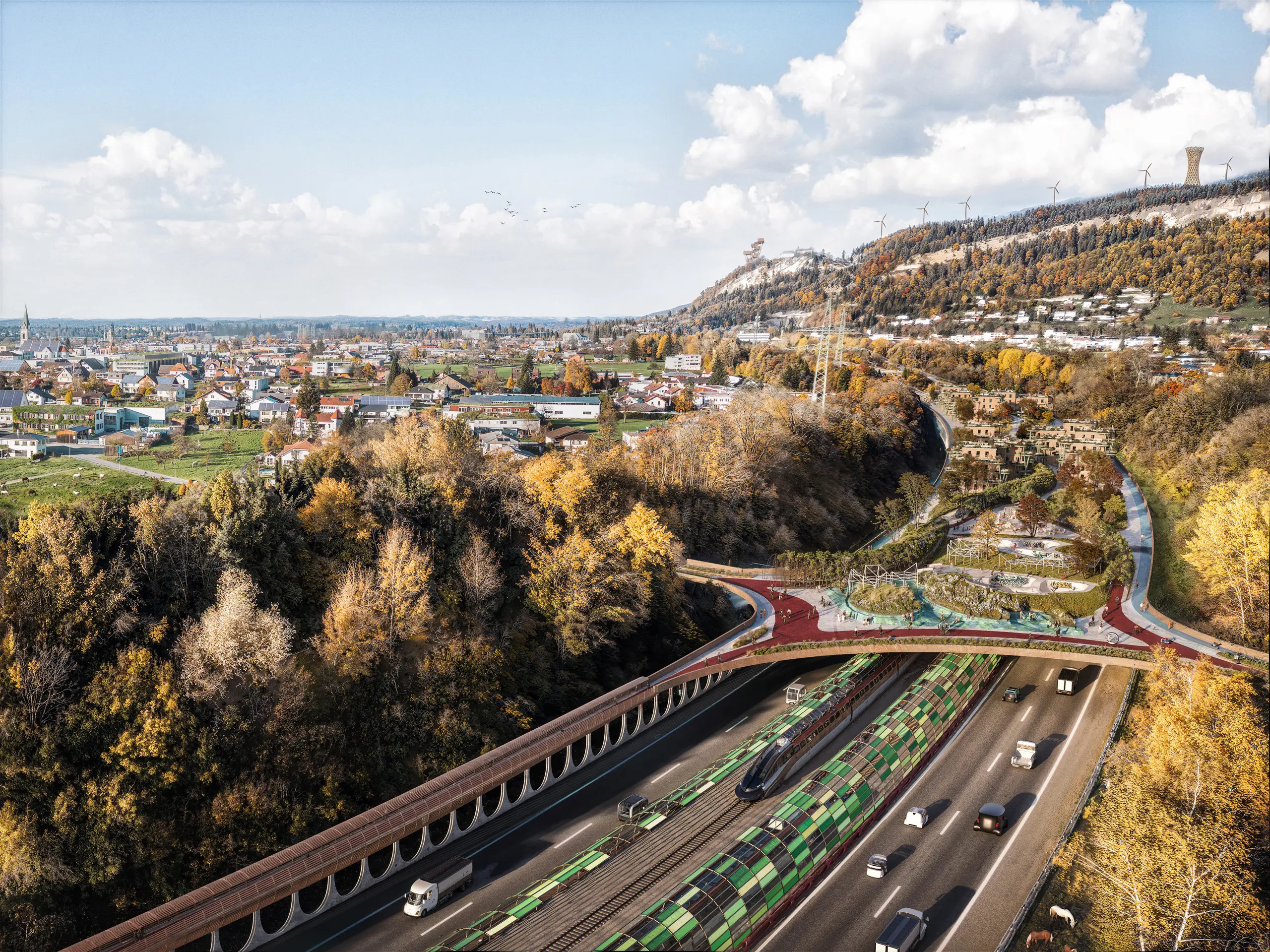 Zukunftsvision der Autobahn in Bregenz, Österreich: Eine grüne Überbauung mit nachhaltiger Infrastruktur, begrünten Verkehrsanlagen und innovativen Mobilitätskonzepten.