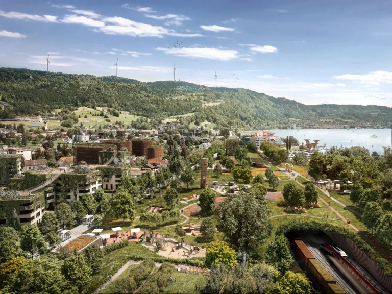 Zukunftsvision von Lochau, Österreich: nachhaltige Stadtentwicklung mit begrünten Gebäuden, erneuerbaren Energien und einer naturnahen Umgebung am Bodensee.