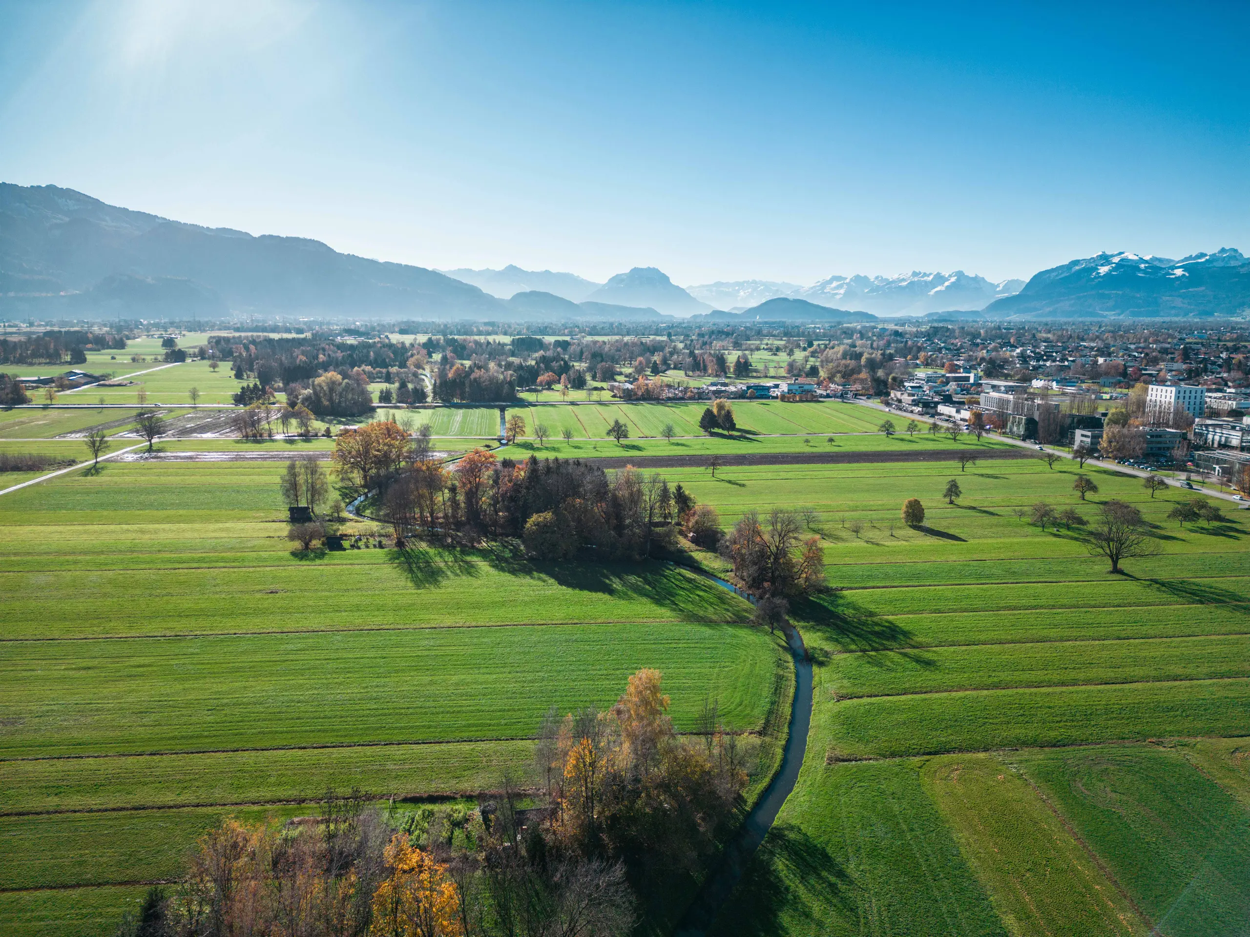 Luftaufnahme von Vorarlberg im Jahr 2025 mit weitläufigen grünen Wiesen, vereinzelten Bäumen und einer unberührten Flusslandschaft vor der Kulisse der Alpen.