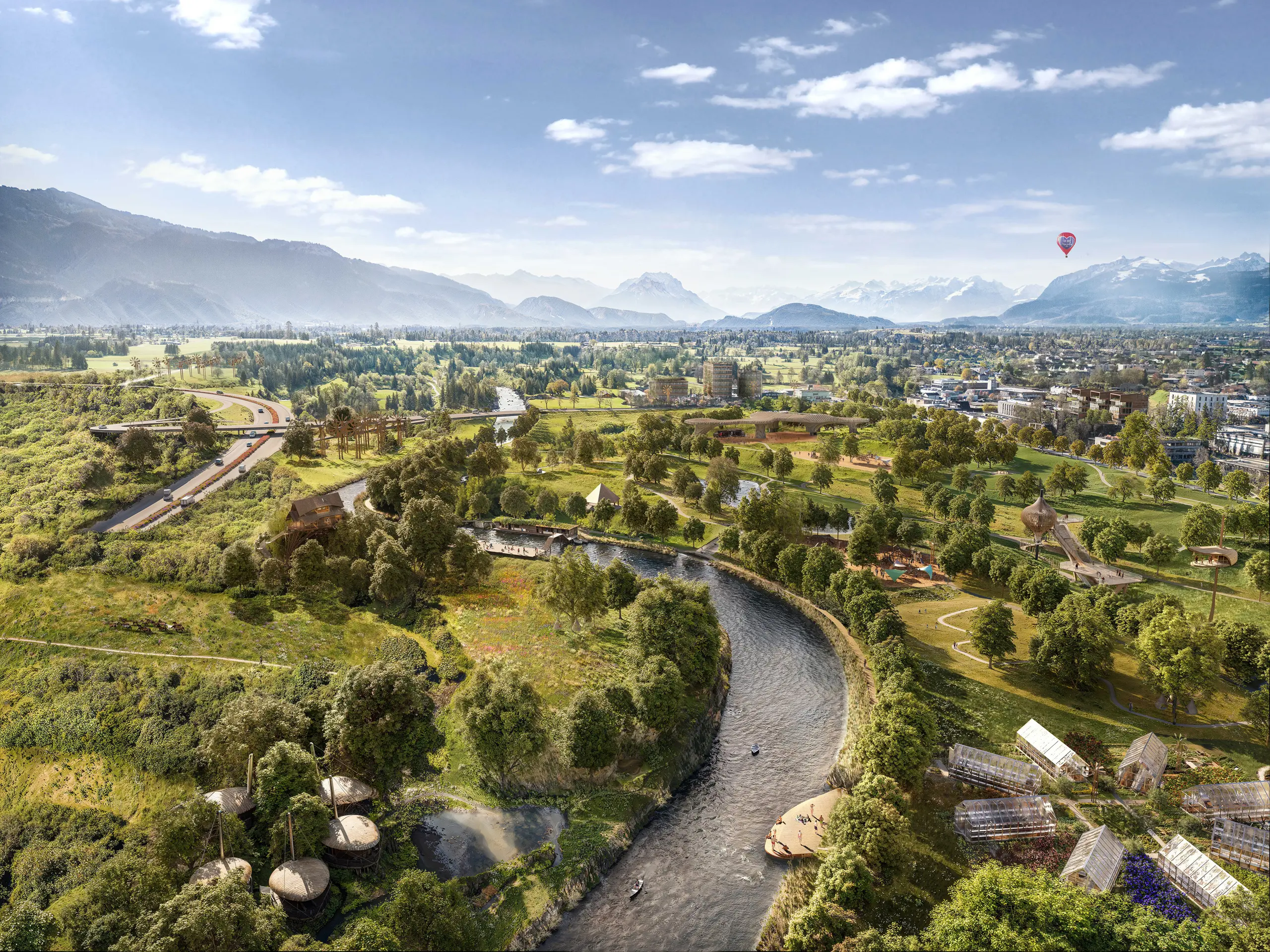 Nachhaltige Zukunftsvision von Vorarlberg im Jahr 2045 mit renaturierten Flusslandschaften, dichter Begrünung, nachhaltigen Gebäuden und einer umweltfreundlichen Infrastruktur inmitten der Alpen.