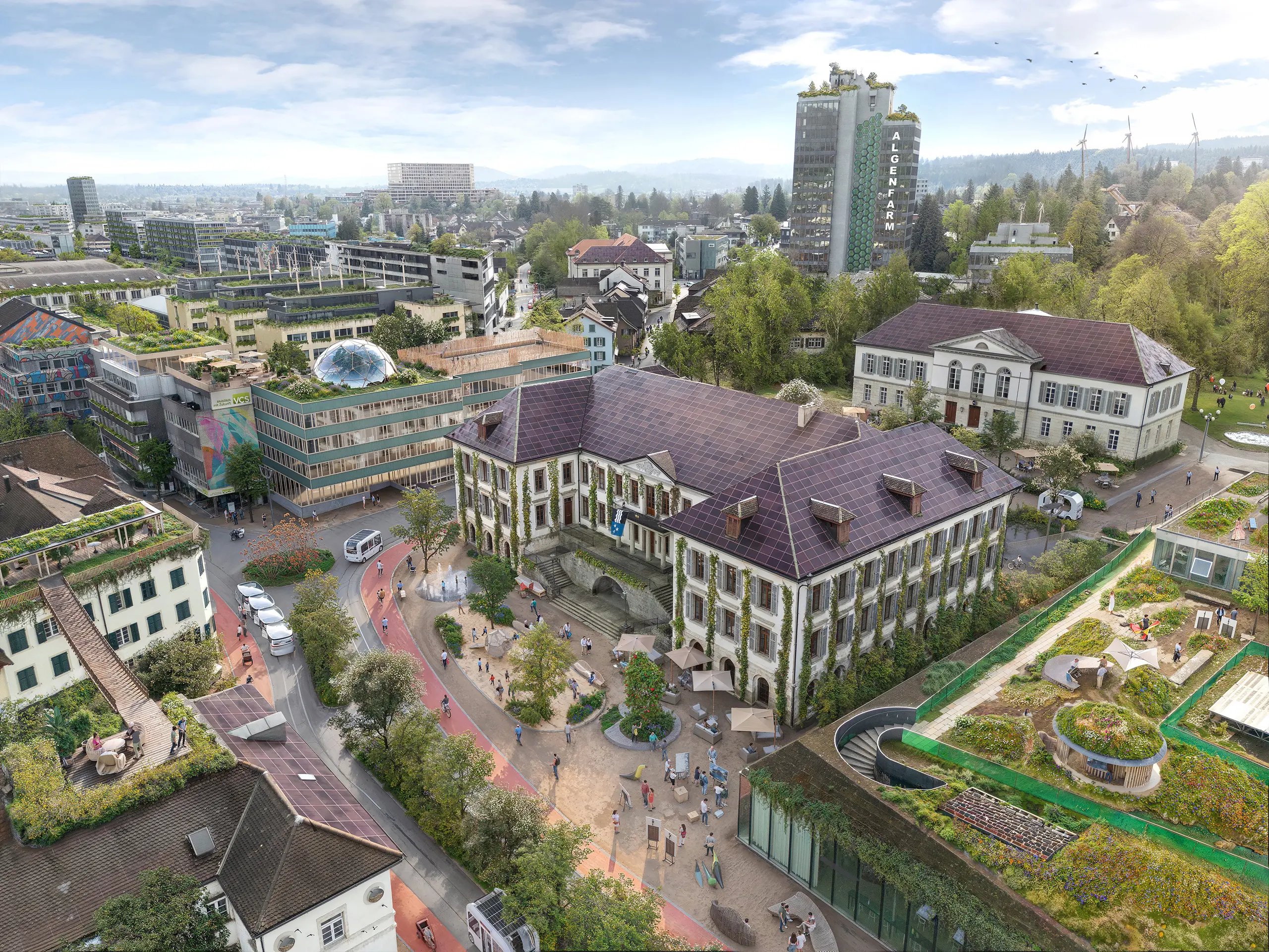 Zukunftsvision von Aargau im Jahr 2045 mit nachhaltiger Architektur, begrünten Dächern, autofreien Zonen und modernen Mobilitätskonzepten.