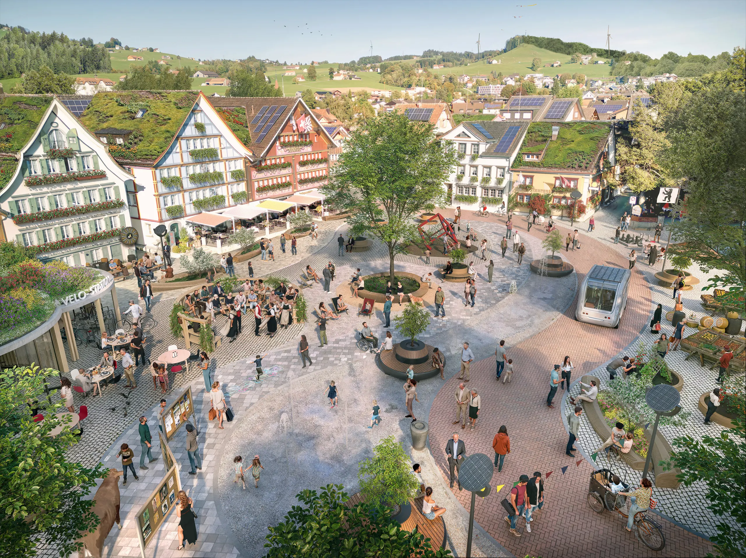 Zukunftsvision des Marktplatzes in Appenzell mit einer autofreien, begrünten Fußgängerzone, nachhaltiger Mobilität und urbaner Aufenthaltsqualität.