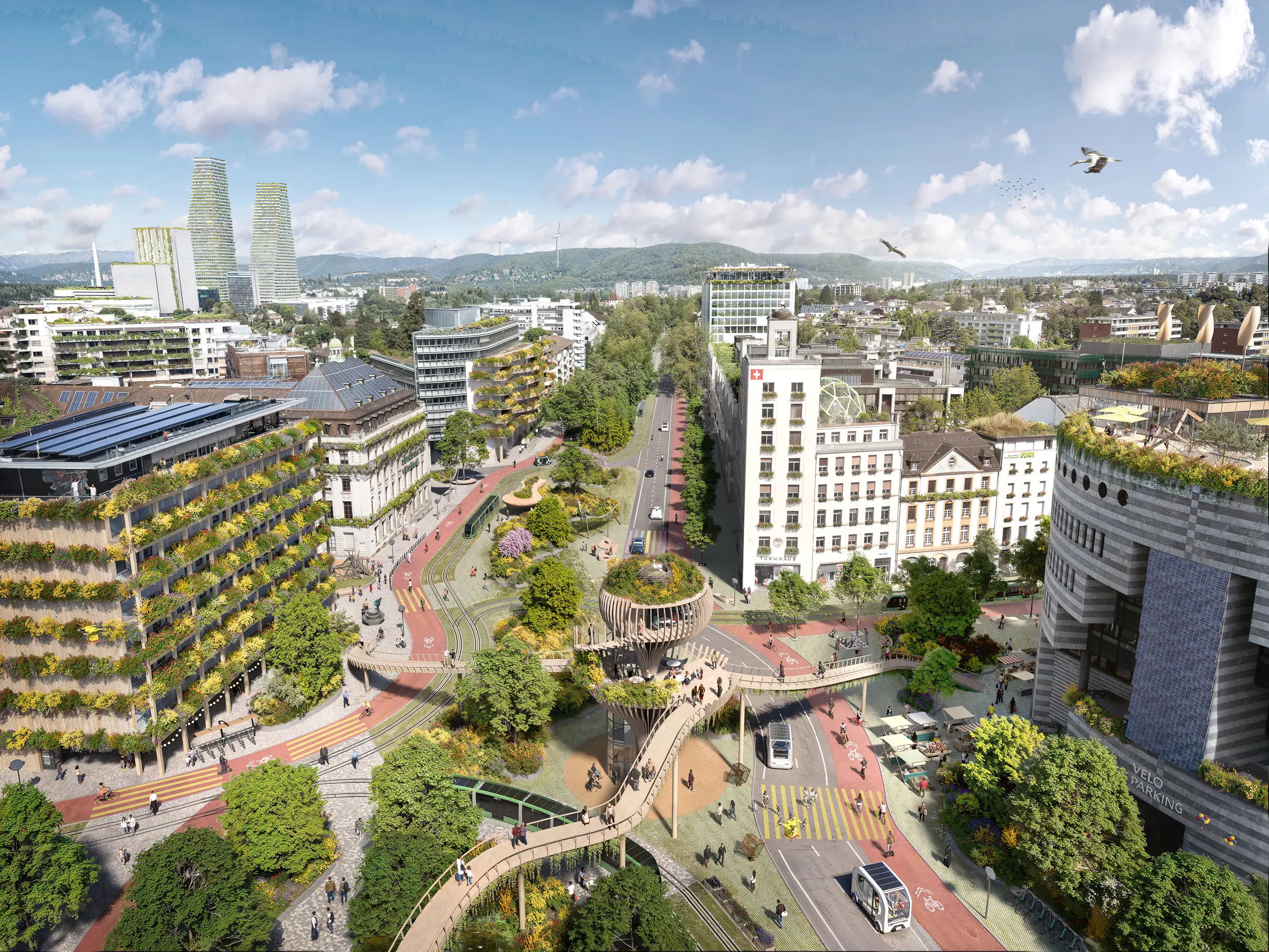 Zukunftsvision des Aeschenplatzes in Basel im Jahr 2045 mit begrünten Gebäuden, autofreien Straßen und nachhaltiger Mobilität.
