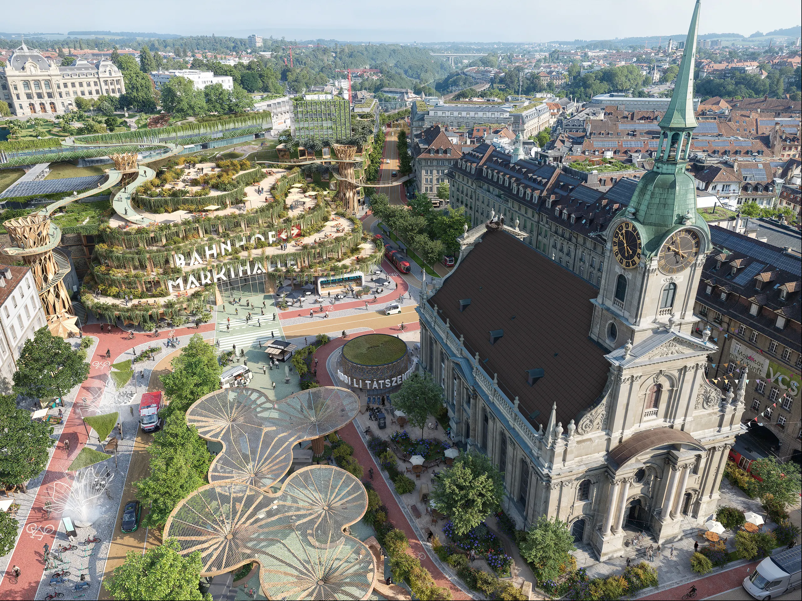 Zukunftsvision des Bahnhofsplatzes in Bern im Jahr 2045 mit begrünten Gebäuden, nachhaltiger Mobilität und einer lebendigen Markthalle.