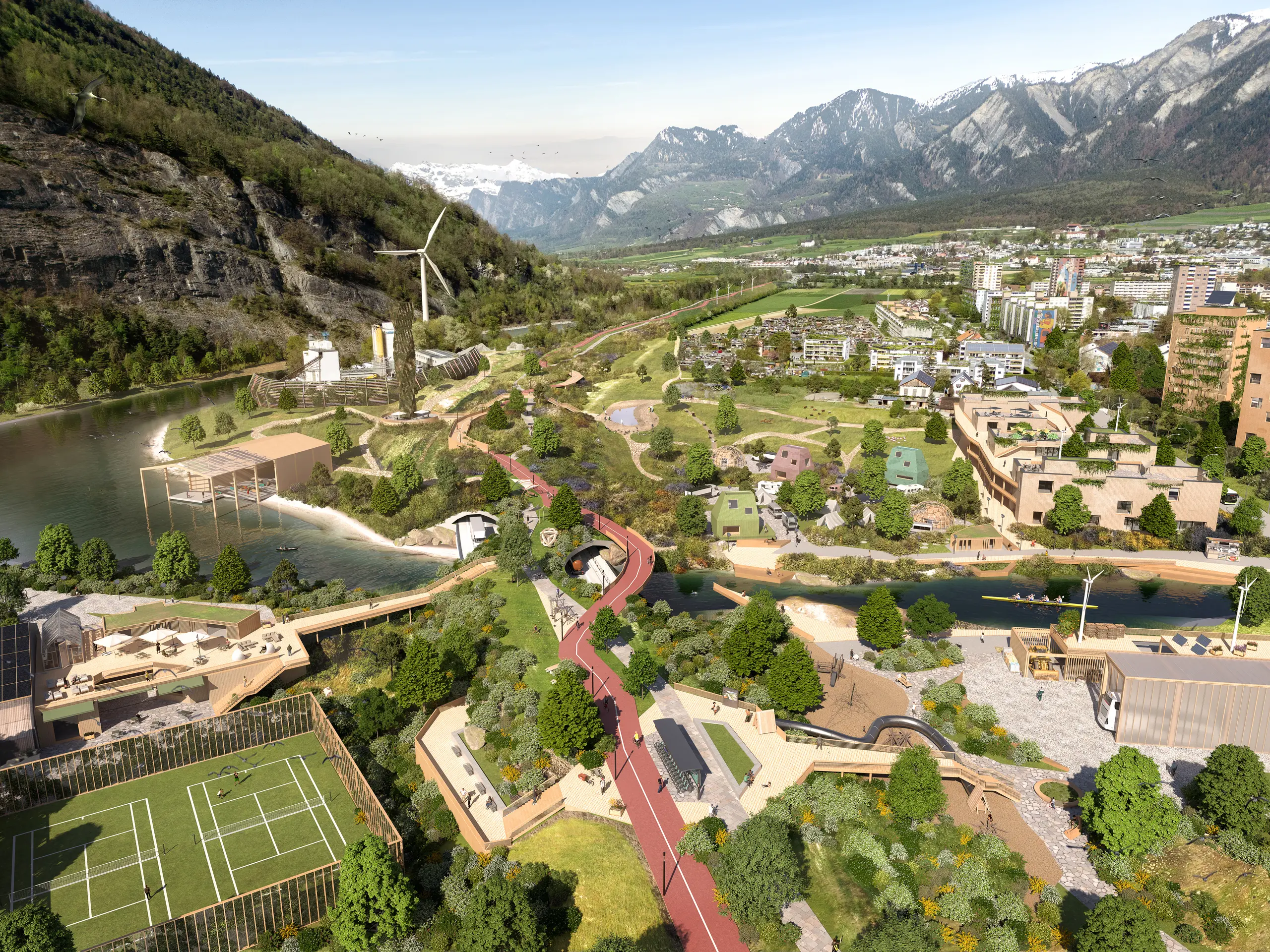 Zukunftsvision der Autobahn in Chur mit nachhaltiger Stadtentwicklung, begrünten Brücken, erneuerbaren Energien und autofreien Mobilitätskonzepten.