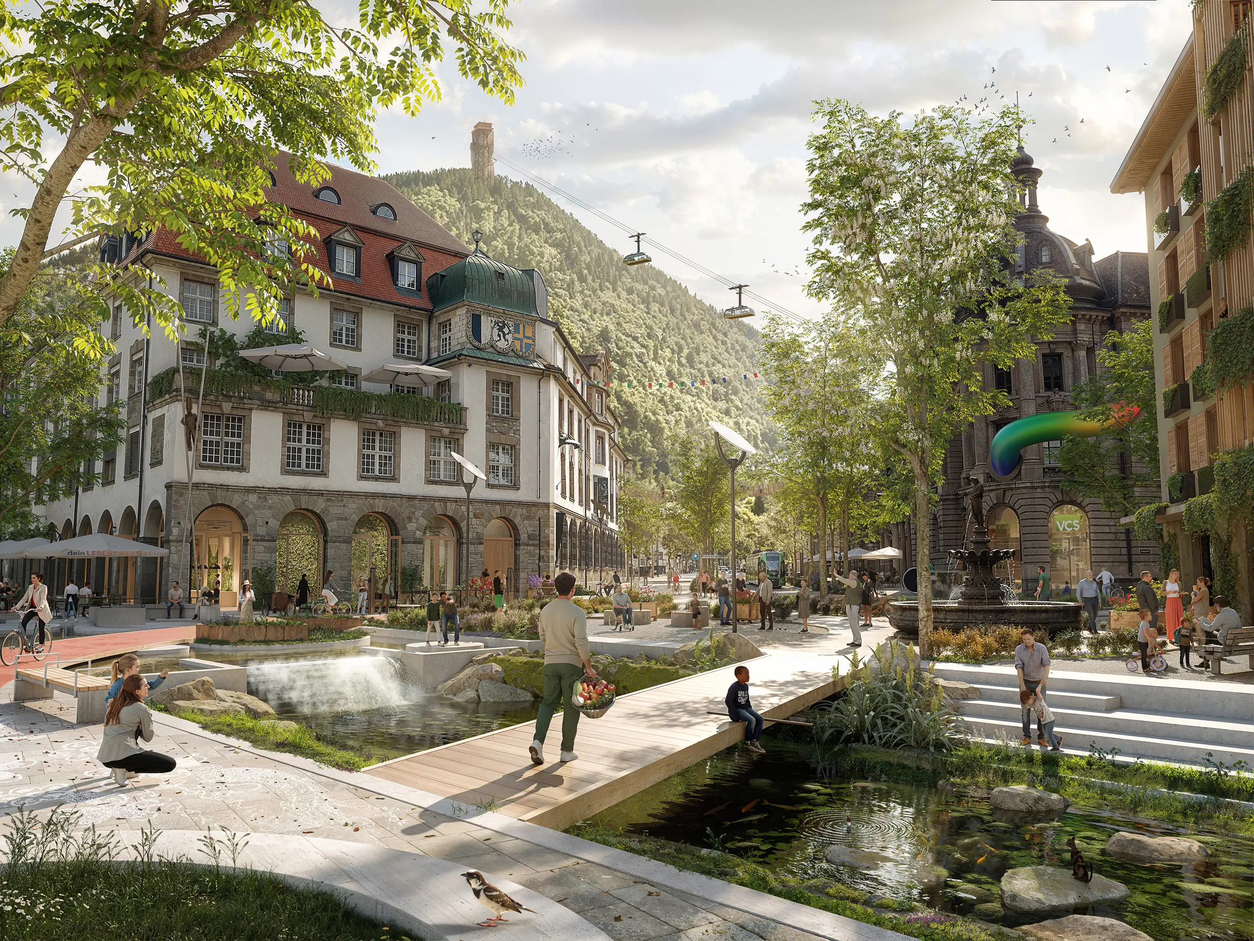 Die Zukunftsvision des Postplatzes in Chur, Schweiz, im Jahr 2045. Eine nachhaltige, autofreie Umgebung mit urbanem Grün, Wasserflächen und einem lebendigen öffentlichen Raum.