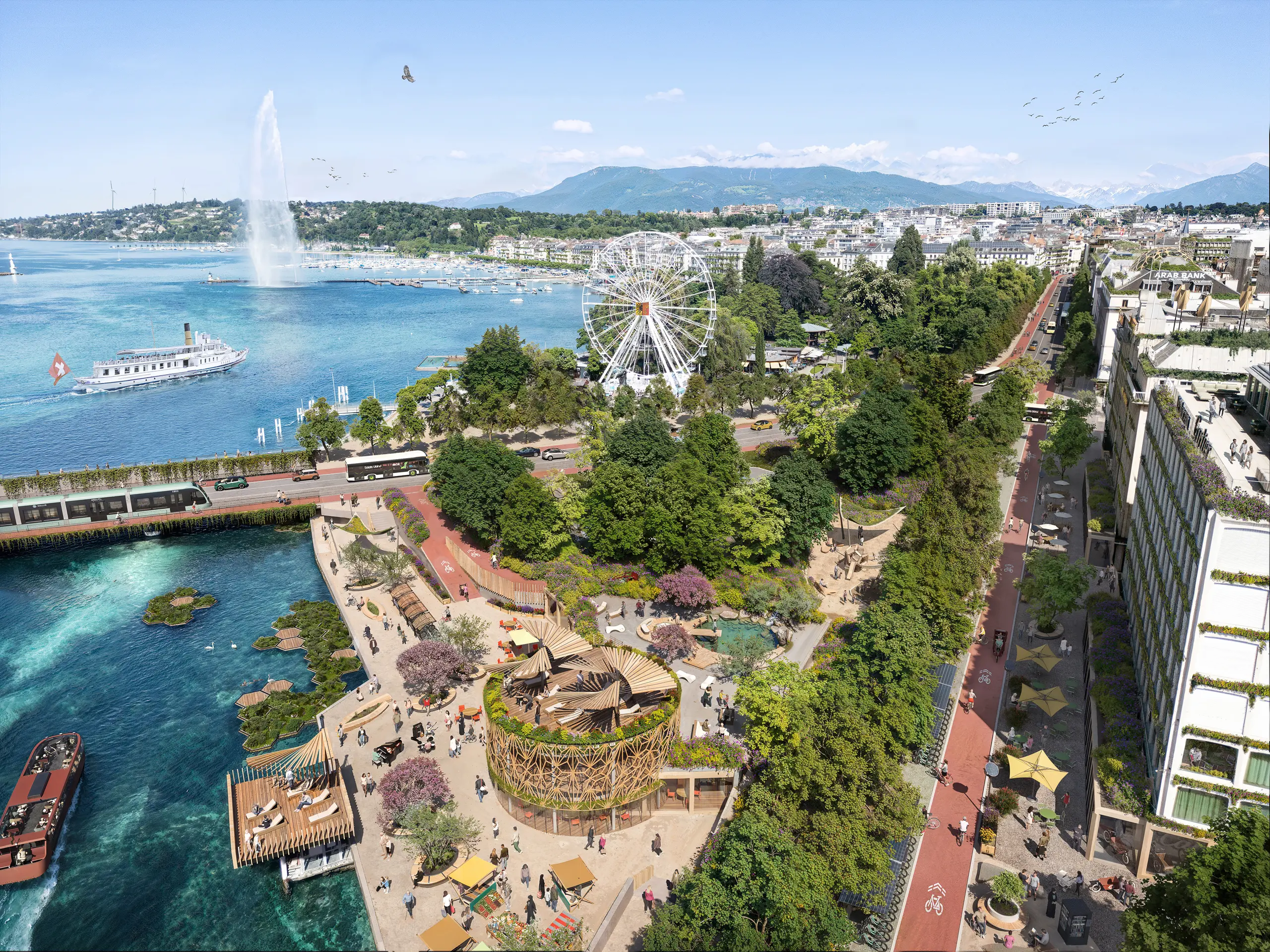 Zukunftsvision des Genfer Seeufers mit grüner Infrastruktur, nachhaltigen Verkehrskonzepten und einem lebendigen Naherholungsgebiet.