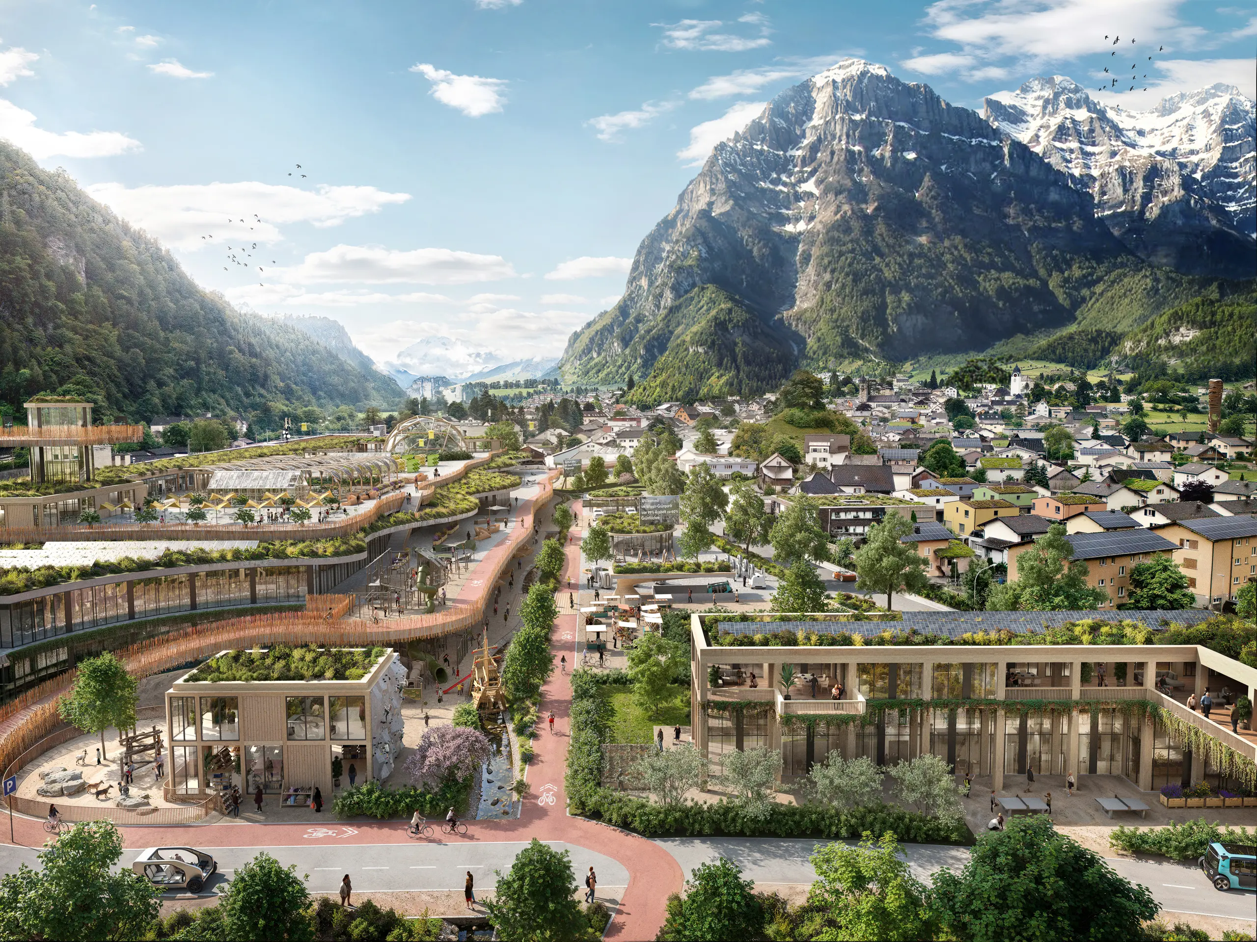 Zukunftsvision von Glarus, Schweiz, mit begrünten Gebäuden, nachhaltiger Infrastruktur und einem verkehrsberuhigten, lebendigen Stadtbild.