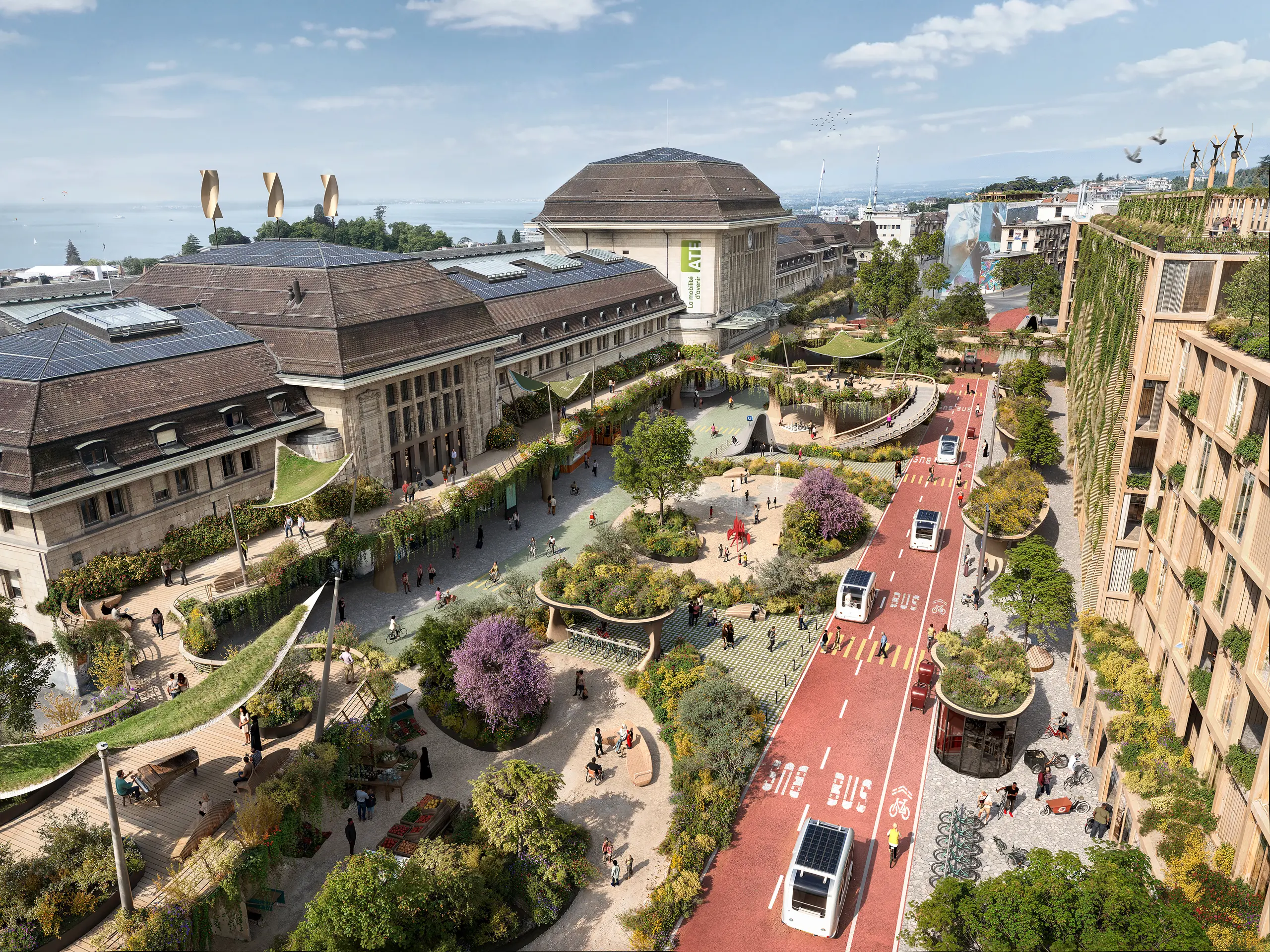 Zukunftsvision des Bahnhofs Lausanne mit begrünten Fassaden, nachhaltiger Architektur und einer fußgängerfreundlichen Umgebung.