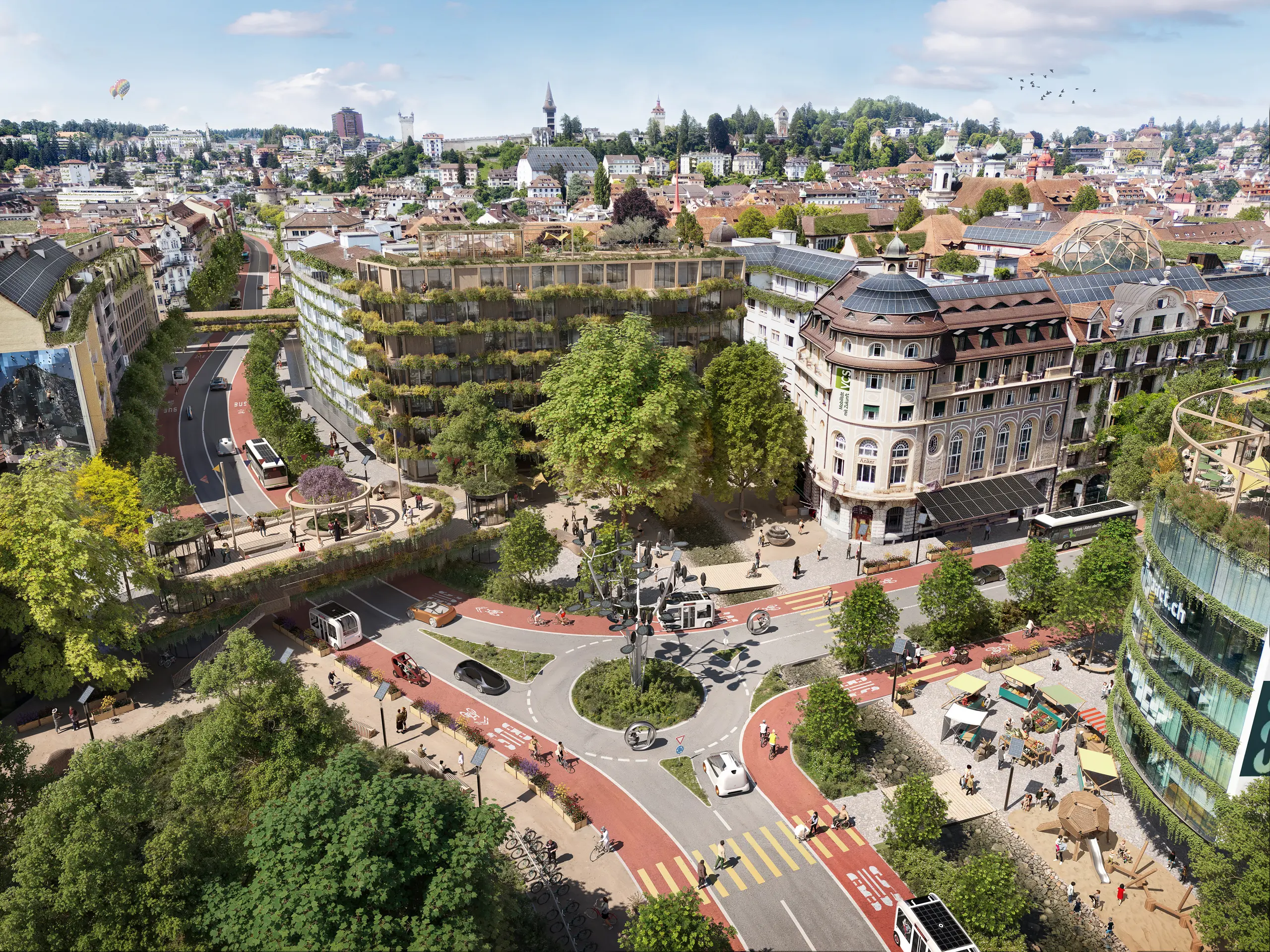 Zukunftsvision von Luzern mit nachhaltiger Stadtgestaltung, begrünten Fassaden und einem verkehrsberuhigten Bereich.