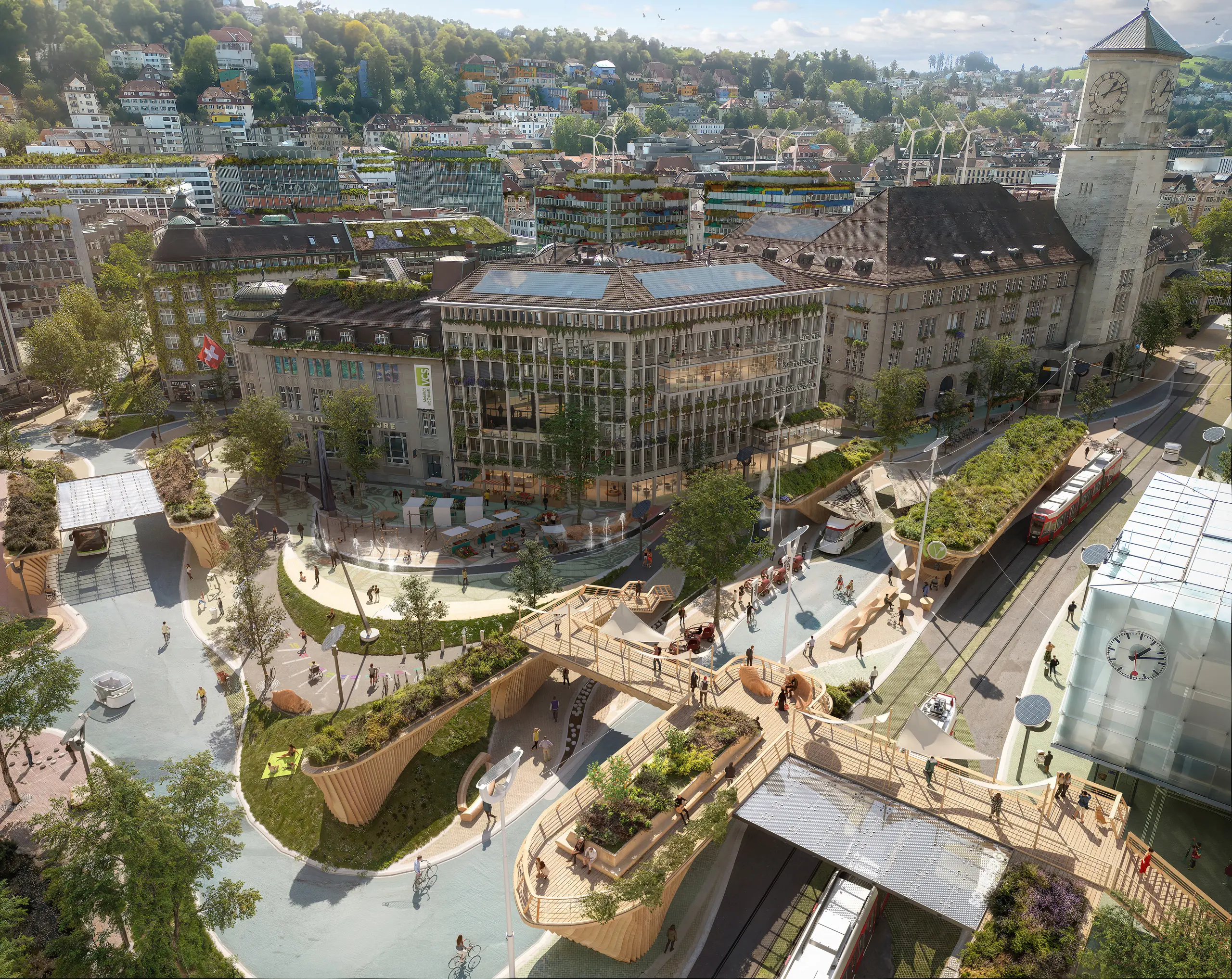 Zukunftsvision des Bahnhofsplatzes in St. Gallen mit begrünten Gebäuden, autofreien Zonen, nachhaltiger Mobilität und neuen Begegnungsräumen.