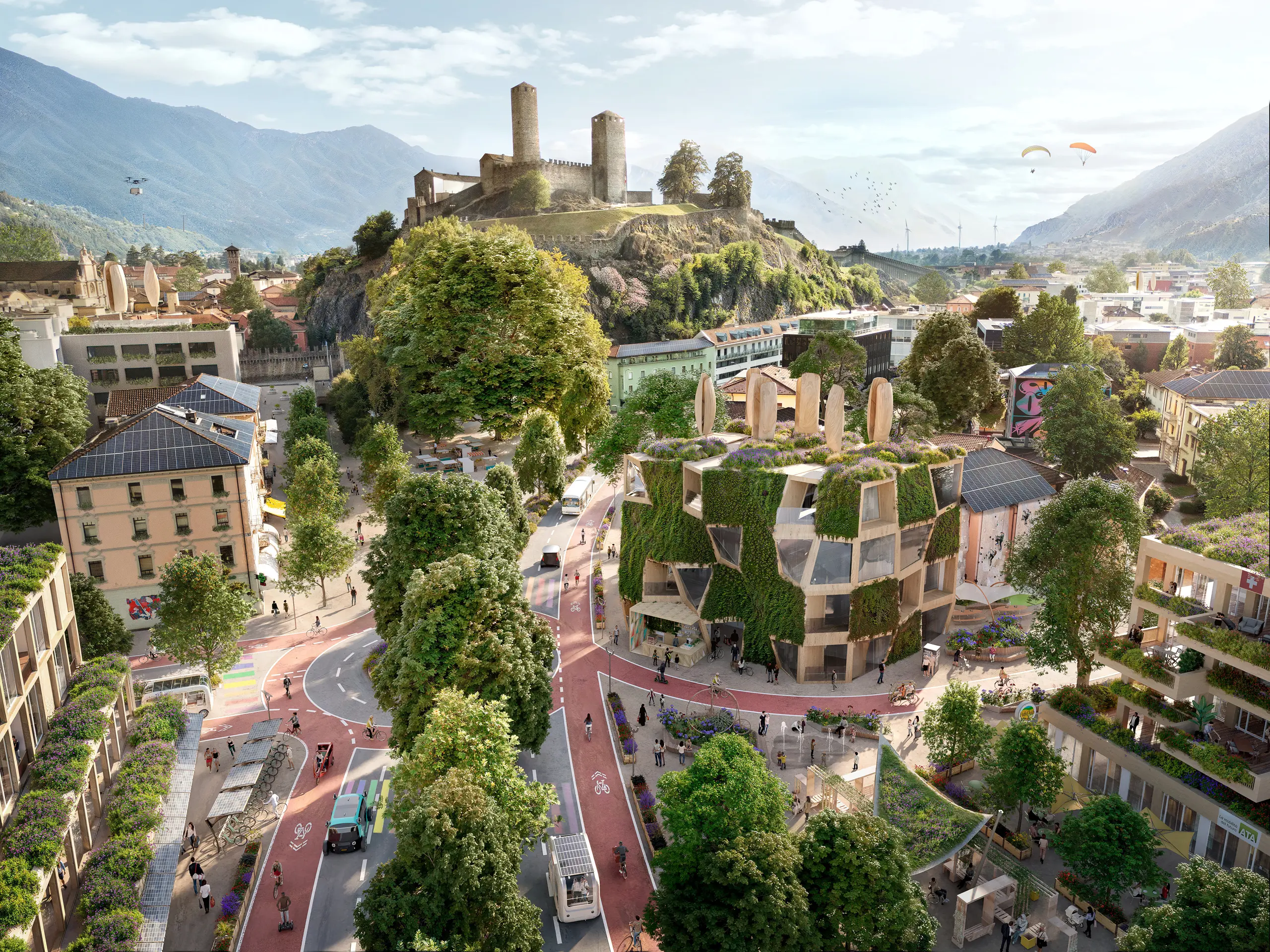 Zukunftsvision von Tessin, Schweiz, mit begrünten Fassaden, nachhaltiger Architektur und einer fahrrad- und fußgängerfreundlichen Innenstadt.