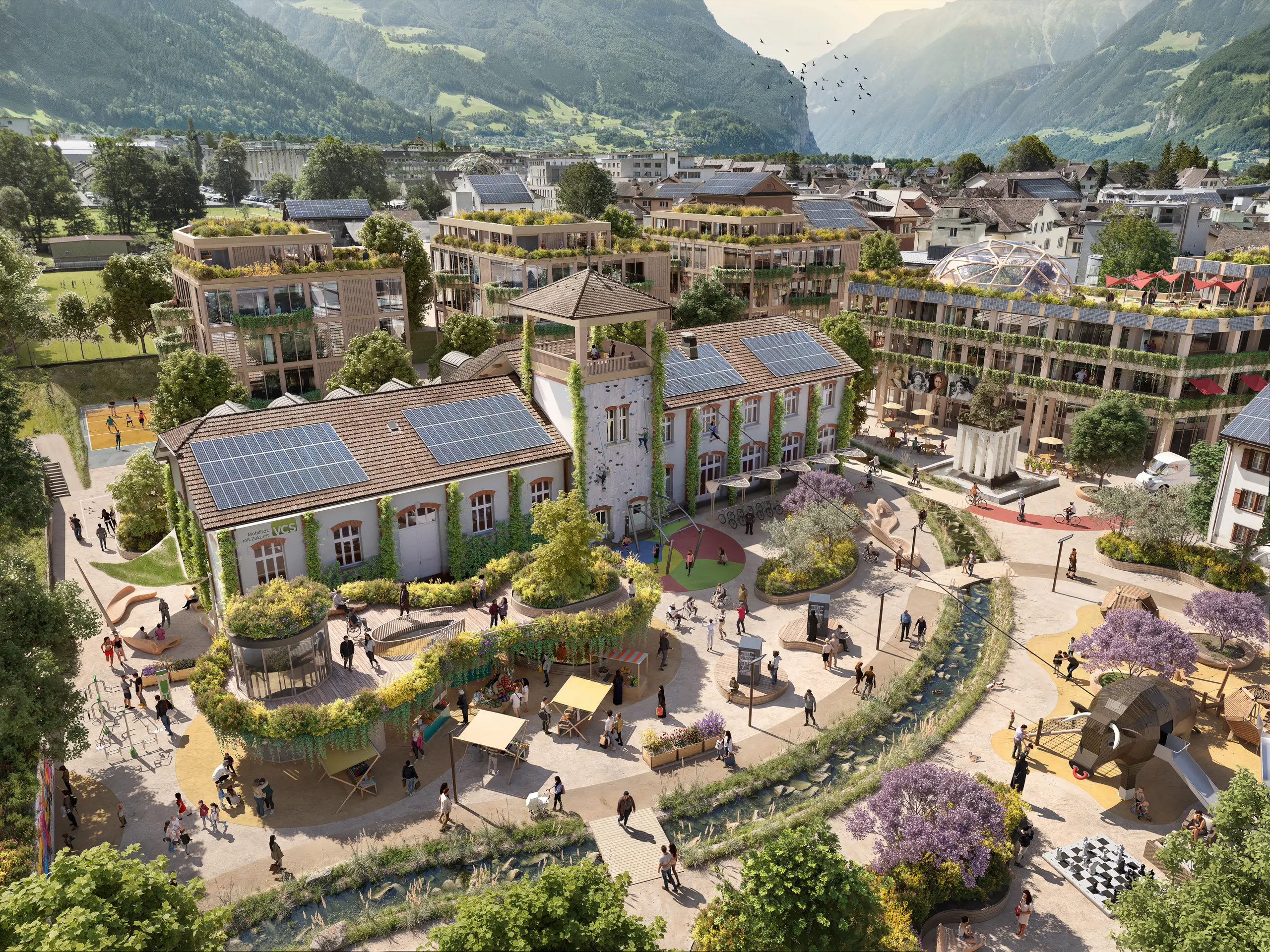 Altstadt in Uri 2045 – nachhaltige Transformation mit begrünten Fassaden, Solardächern, autofreien Plätzen und lebendigem urbanem Raum.