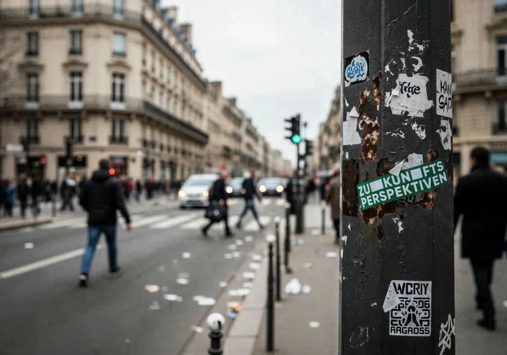 Urbanes Streetscape mit Fokus auf einem „Zukunfts-Perspektiven“-Sticker an einem Laternenpfahl. Die Szene zeigt eine europäische Großstadt mit Verkehrsaufkommen, Menschen im Alltag und einem Hinweis auf positive Zukunftsimpulse mitten im urbanen Umfeld.