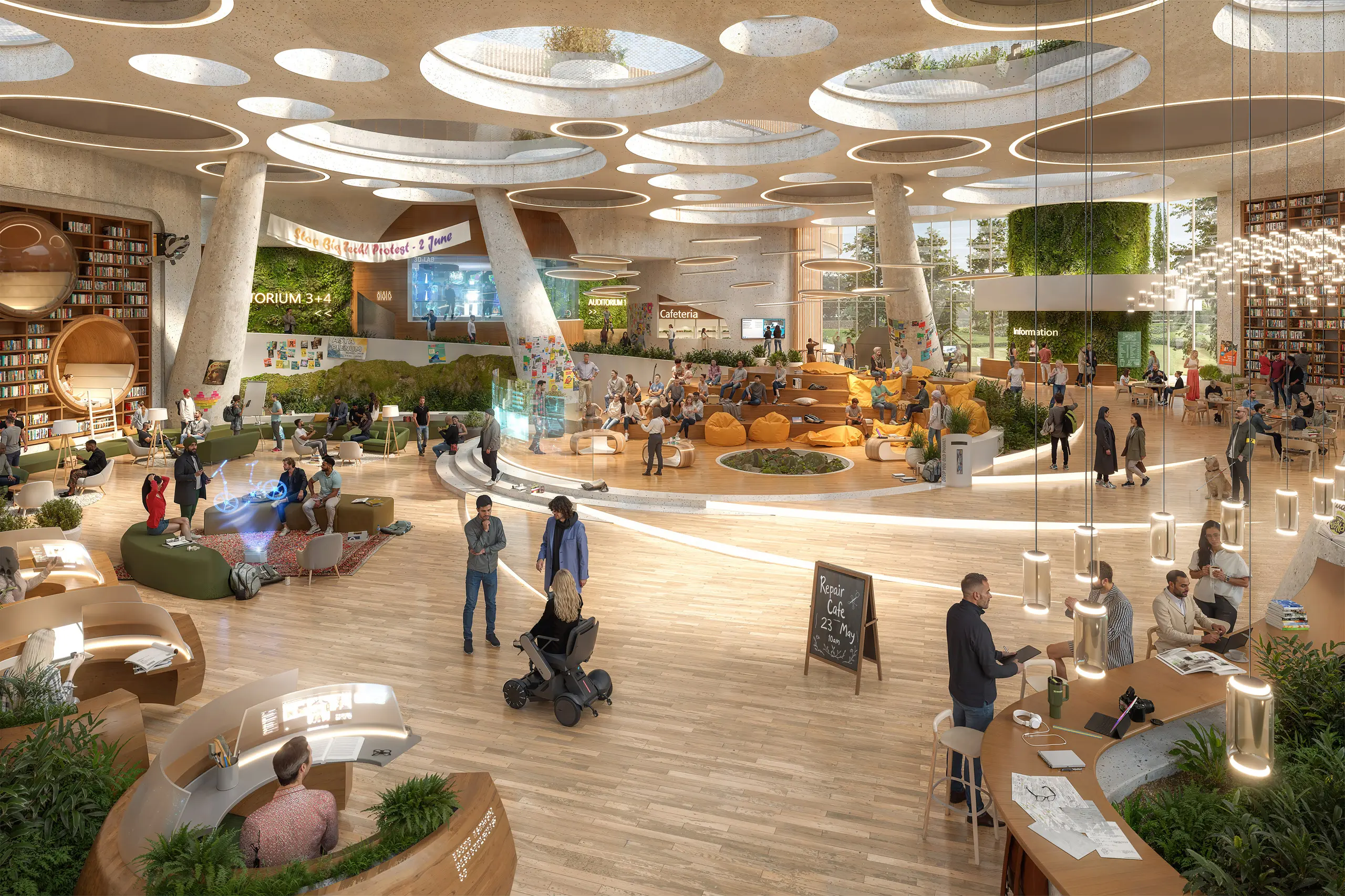 Community-Forum einer Hochschule der Zukunft 2045 mit offenen Lern- und Begegnungsbereichen, Auditorium, Cafézone und begrünten Elementen.