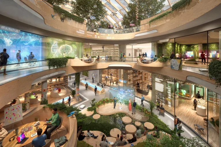 Offenes Atrium einer Hochschule der Zukunft 2045 mit Open Library, Laboren, Citizen-Science-Bereich und begrünten Innenräumen.
