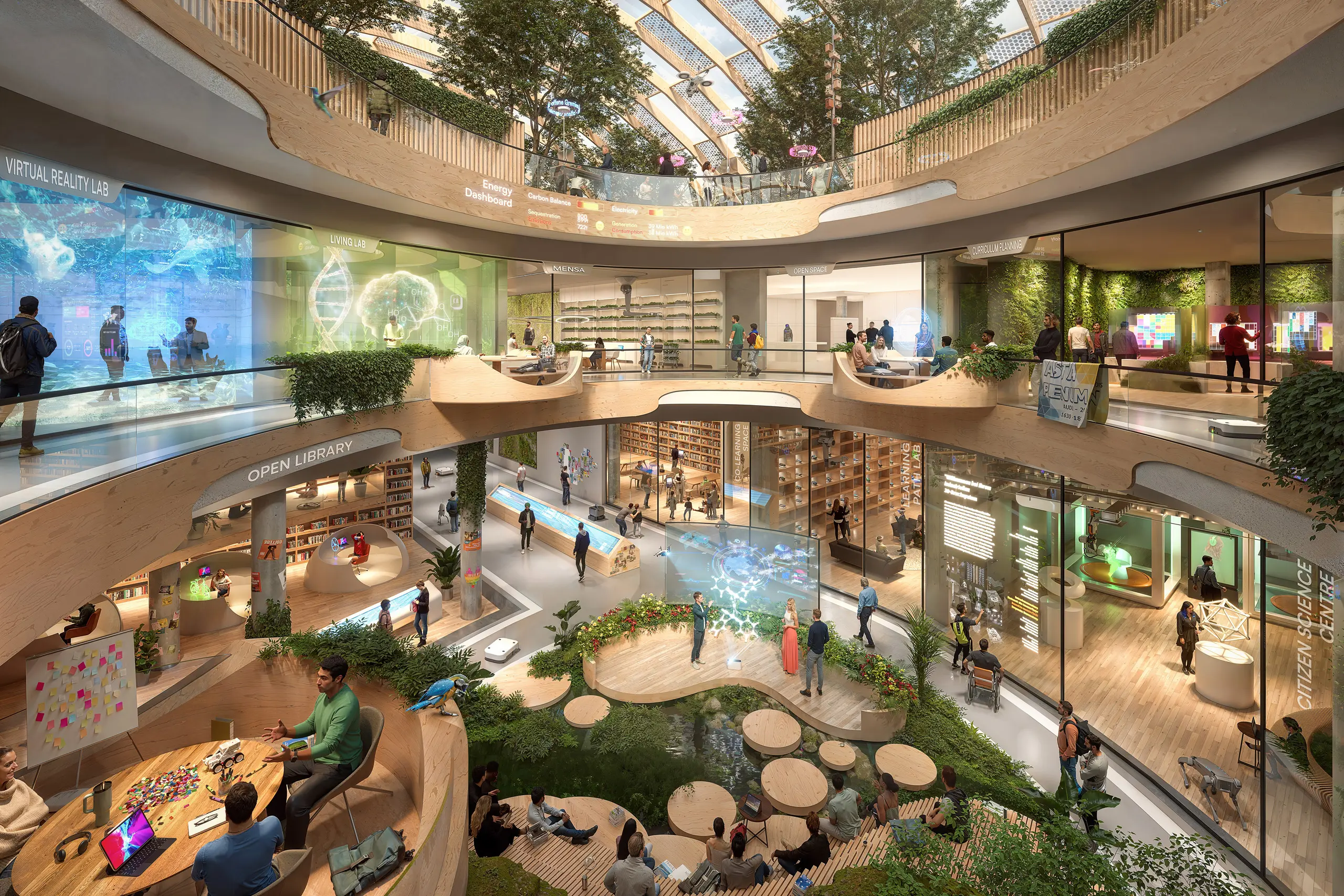 Offenes Atrium einer Hochschule der Zukunft 2045 mit Open Library, Laboren, Citizen-Science-Bereich und begrünten Innenräumen.