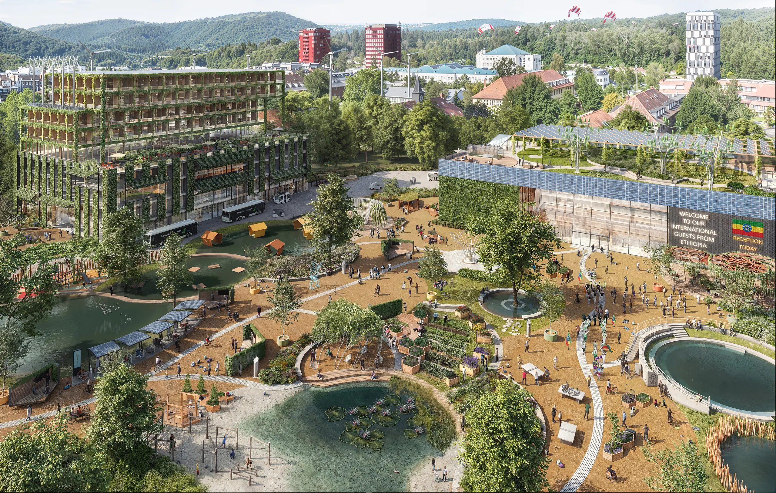 Regenerativer Campus 2045 mit Wasserlandschaften, Teichen, begrünten Gebäuden, Urban Gardening und lebendigem Stadtraum.