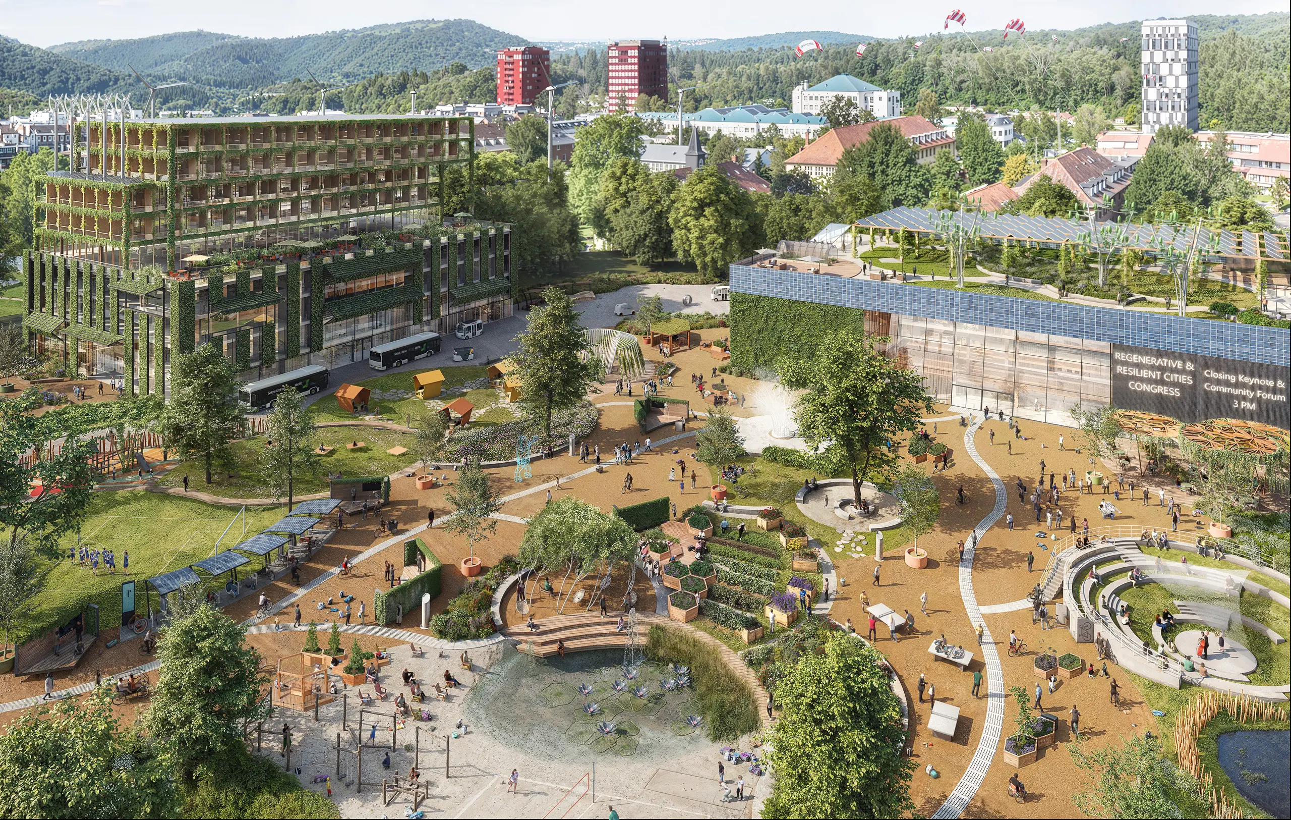 Regenerativer Campus 2045 mit begrünten Gebäuden, urbanen Gärten, Spiel- und Aufenthaltsbereichen ohne große Wasserflächen.