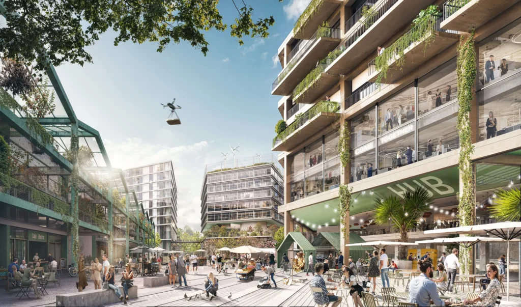 Zukunftsvision Metro Campus Düsseldorf 2045 – grünes, urbanes Quartier mit begrünten Gebäuden, autofreien Flächen, Drohnenlogistik und lebendigem Stadtraum.