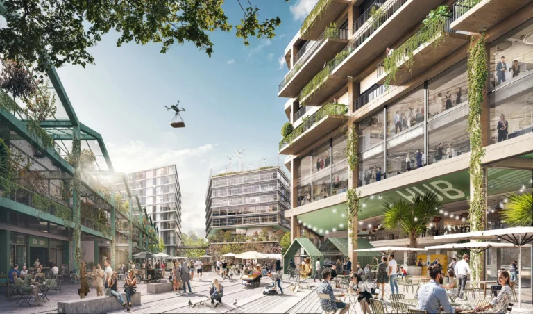 Zukunftsvision Metro Campus Düsseldorf 2045 – grünes, urbanes Quartier mit begrünten Gebäuden, autofreien Flächen, Drohnenlogistik und lebendigem Stadtraum.