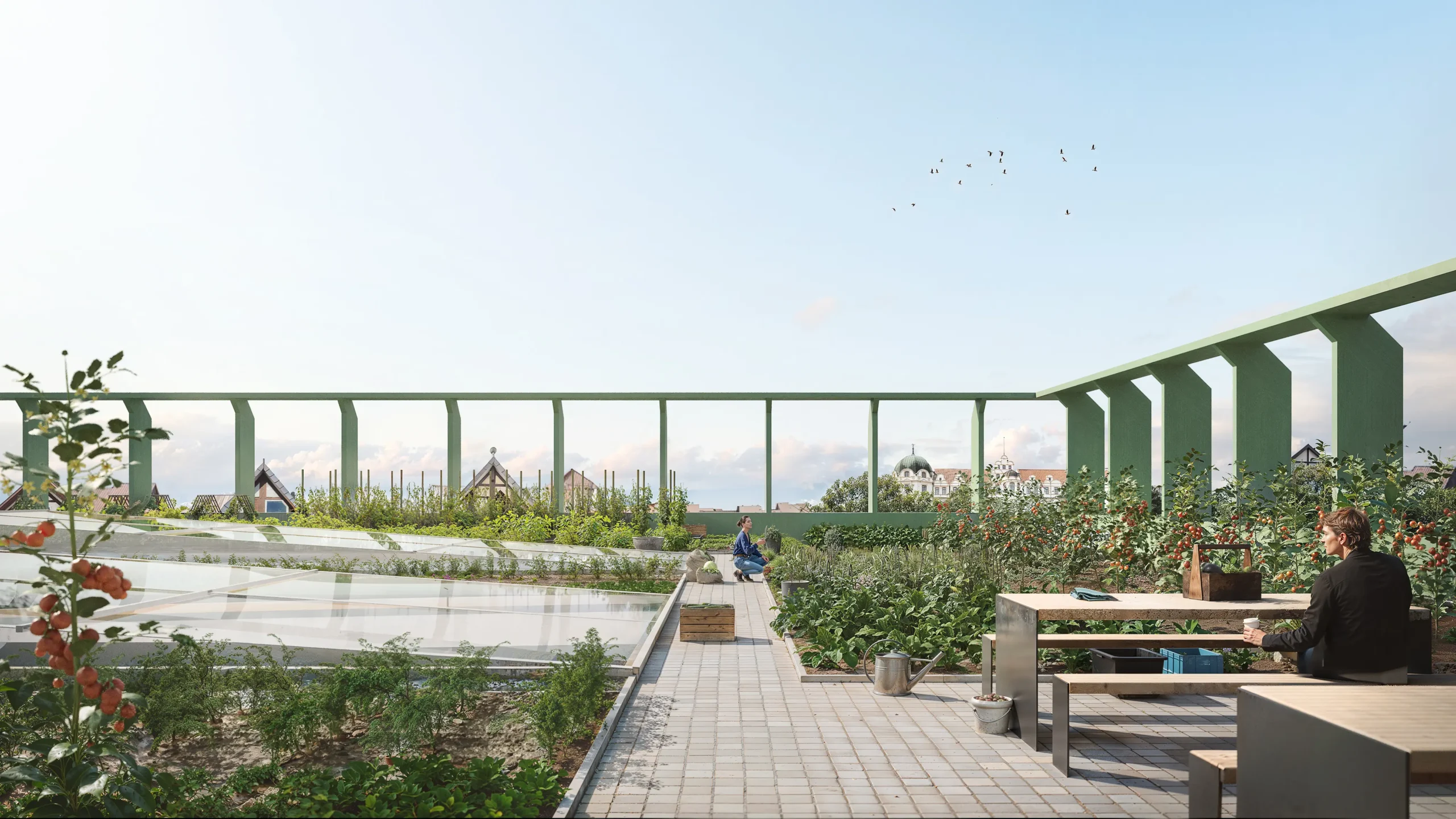 Farm Stadt 2045 – urbane Landwirtschaft mit Vertical Farming, Aquaponik, Forschungsbereichen und produktiven Dachgärten im städtischen Kontext.