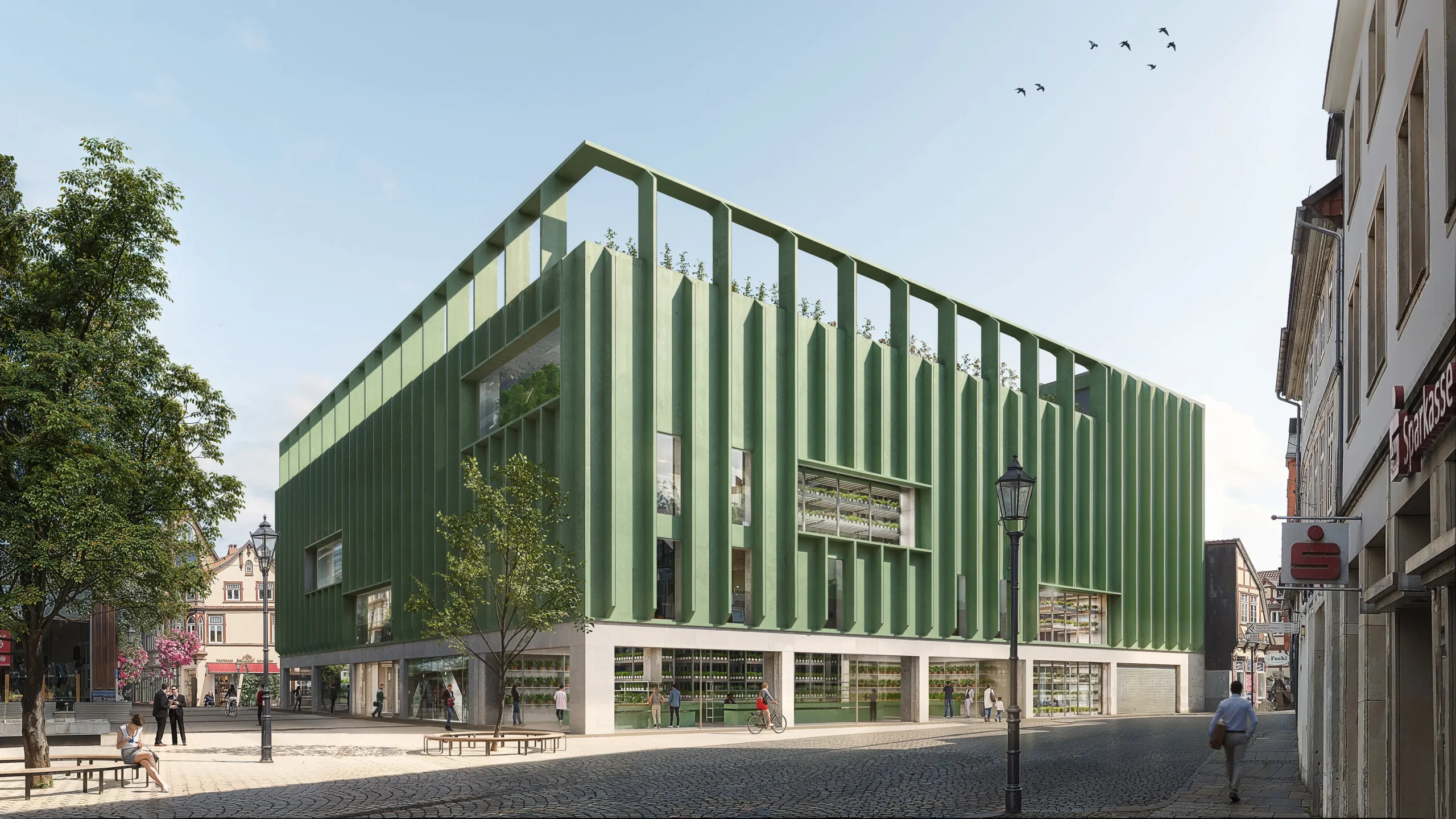 Farm Stadt 2045 – urbane Landwirtschaft mit Vertical Farming, Aquaponik, Forschungsbereichen und produktiven Dachgärten im städtischen Kontext.