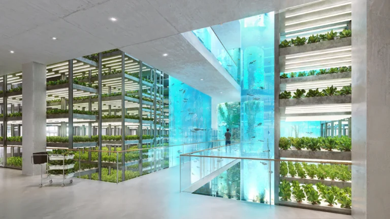Farm Stadt 2045 – urbane Landwirtschaft mit Vertical Farming, Aquaponik, Forschungsbereichen und produktiven Dachgärten im städtischen Kontext.