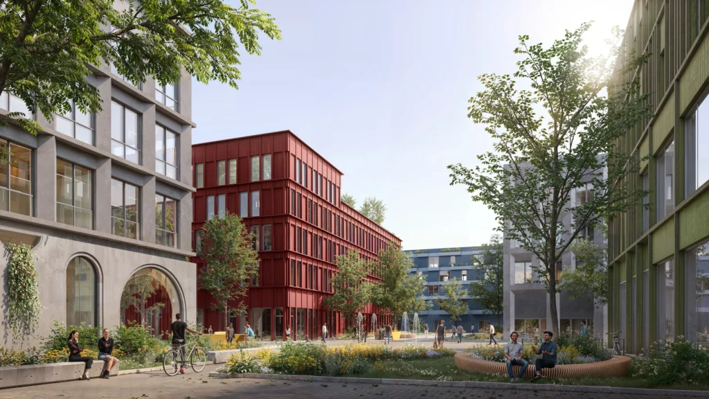 TechFactory Garbsen Makerspace 2045 – modernes Hightech-Labor mit Robotik, Prototyping, 3D-Druck und begrünter Innenwand.