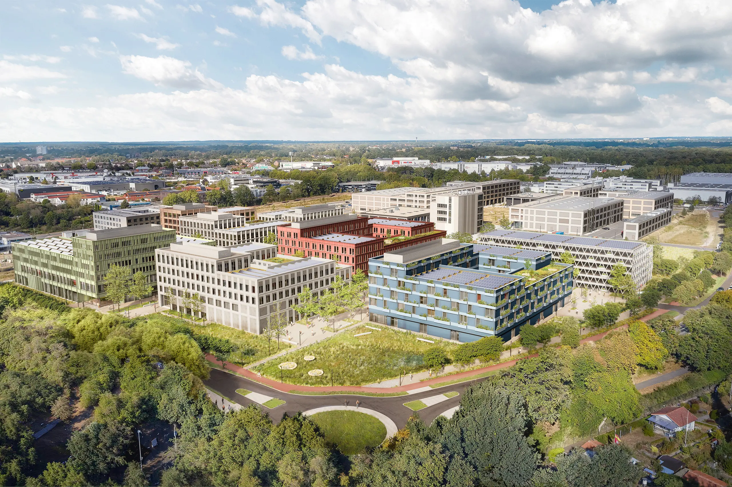 Luftaufnahme des TechFactory Campus in Garbsen im Jahr 2045: nachhaltige Industriearchitektur, Solaranlagen, begrünte Gebäude und klimafreundliche Mobilität.
