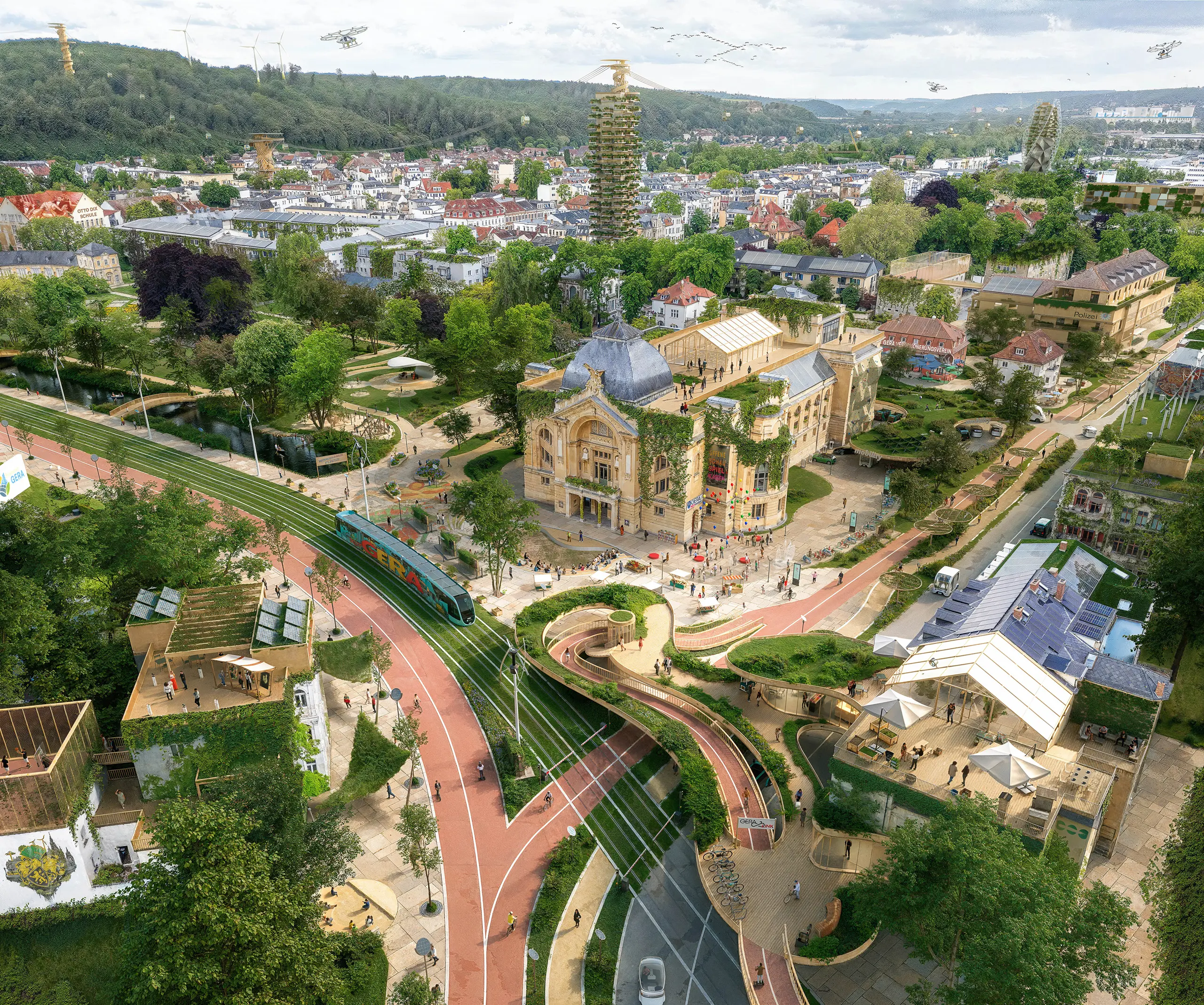 Zukunftsvision von Gera 2045 – nachhaltige Stadtgestaltung rund um das Theater mit begrünten Gebäuden, urbanen Parks, neuer Straßenbahninfrastruktur und autofreien Wegen.