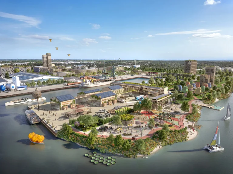 Zukunftsvision des Lüneburger Hafenquartiers 2045 – nachhaltiges Uferquartier mit grüner Architektur, urbaner Landwirtschaft, erneuerbaren Energien und Freizeitbereichen am Wasser.