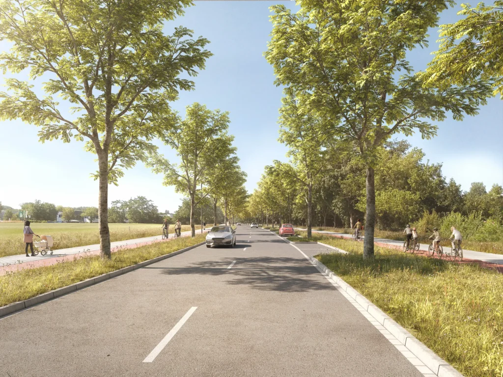 Visualisierung der neuen Friedrich-Ebert-Straße in Recklinghausen: begrünter Straßenraum, sicherer Radweg, breiter Fußweg und klimaresiliente Gestaltung.